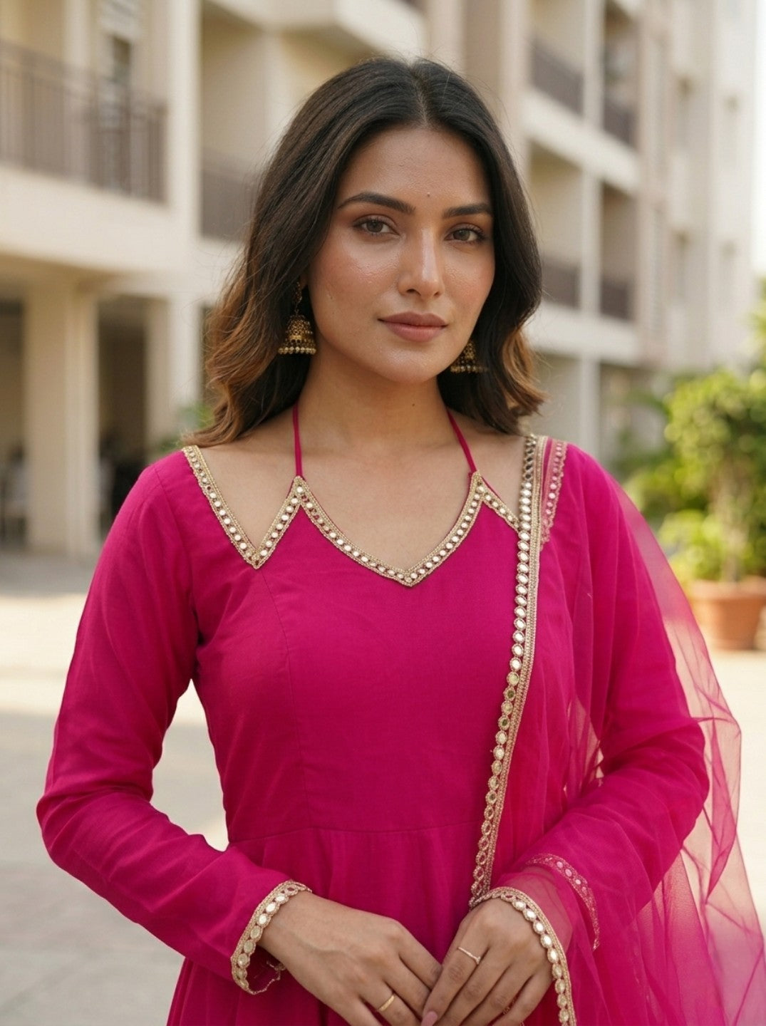 Anarkali Kurta Set with Net Dupatta | Roman Silk Chanderi Festive Wear for Women