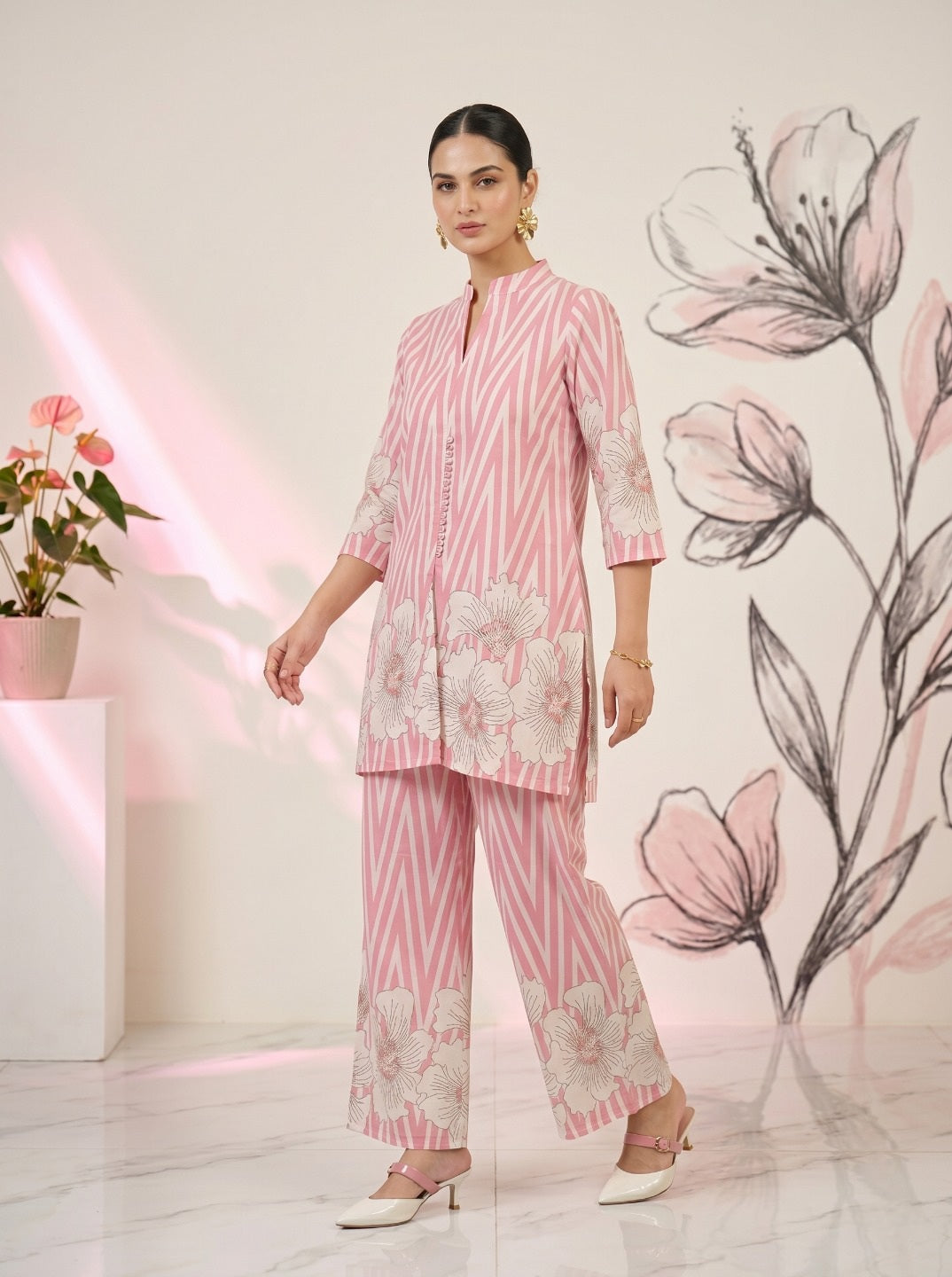Pink Floral Cotton Co-Ord Set for Women | Striped Top & Straight Pant | Festive & Casual Wear