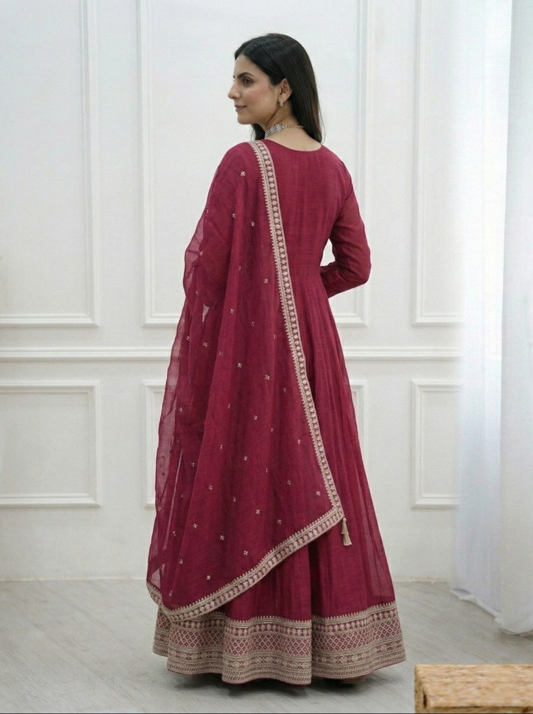 Dark Pink Pure Vichitra Silk Anarkali Kurta Set with Dupatta | Heavy Embroidered Party Wear Gown Set for Women