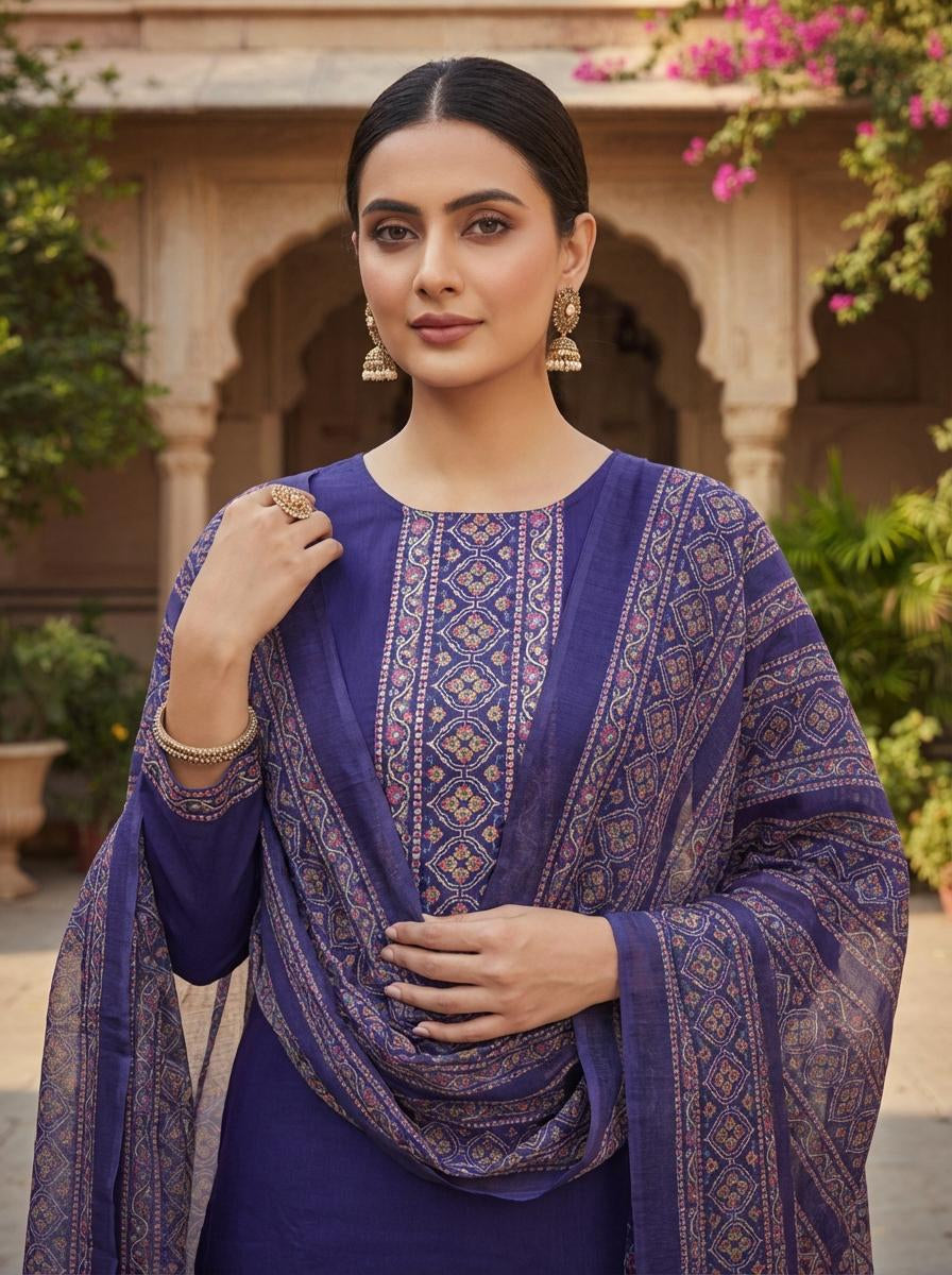 Women’s Purple Ethnic Motifs Yoke Design Kurta Set with Palazzos & Dupatta – Elegant Straight Fit Festive Wear