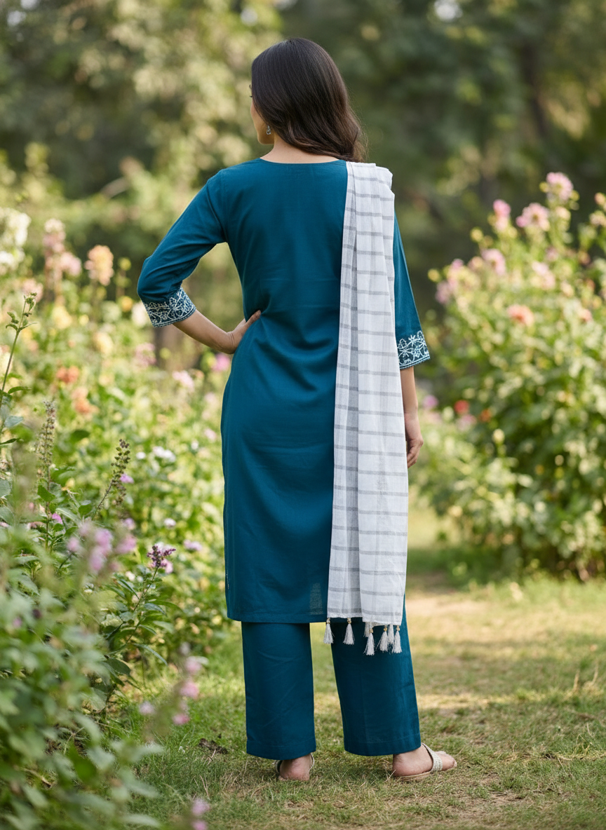 Women’s Teal Embroidered Kurta with Palazzos & Dupatta – Elegant Ethnic Suit Set