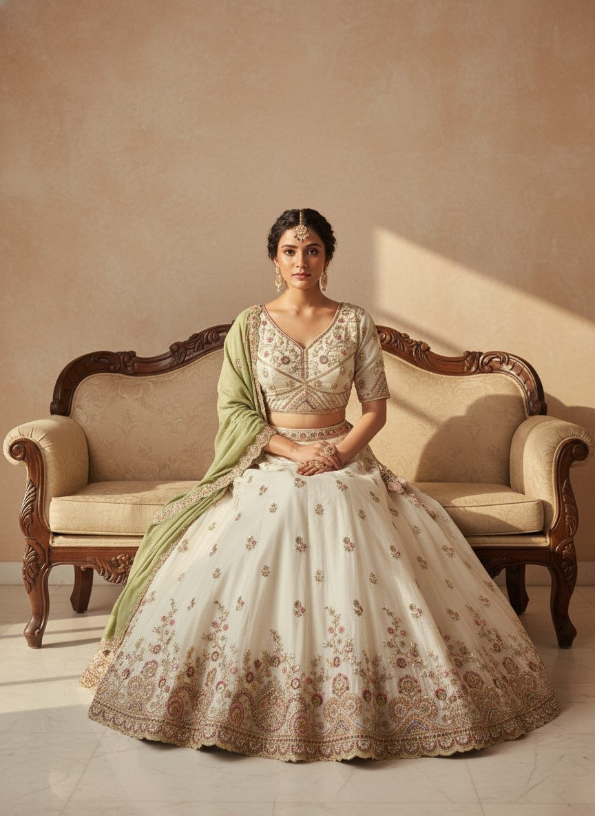 Ivory Viscose Tissue Lehenga with Pista Green Fendi Dupatta – Fully Stitched Designer Festive Wear