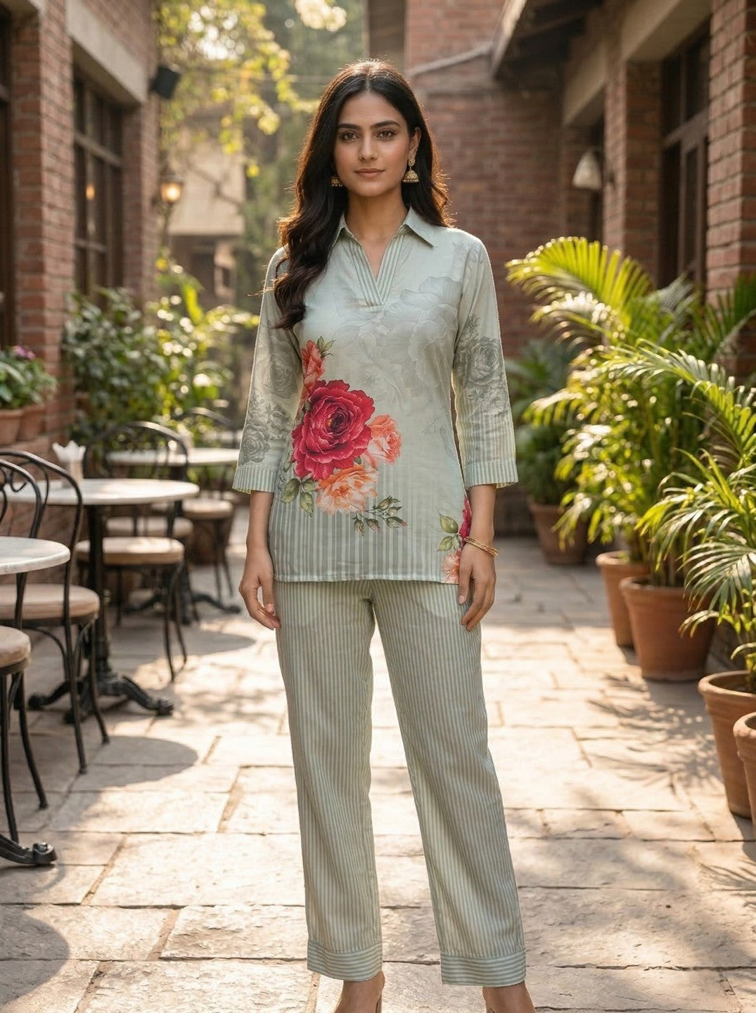 Women Sage Green Floral Printed Co-Ord Set | Straight Kurta & Striped Pant Set | Casual Ethnic Wear