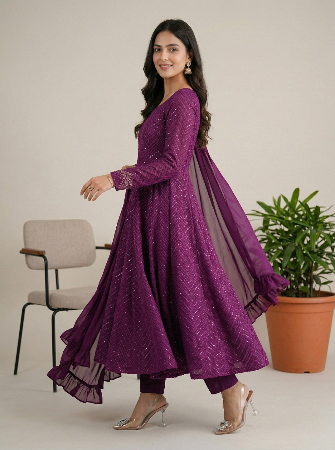 Georgette Anarkali Suit Set with Dupatta | Designer Lucknowi Embroidered Ethnic Wear