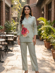 Women Sage Green Floral Printed Co-Ord Set | Straight Kurta & Striped Pant Set | Casual Ethnic Wear