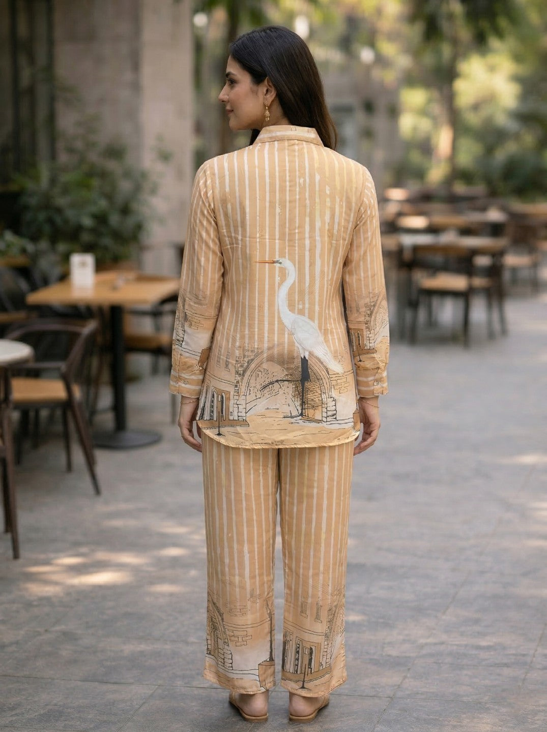 Women Mustard Printed Co-Ord Set | Shirt Style Kurta & Striped Pants | Trendy Casual Ethnic Wear