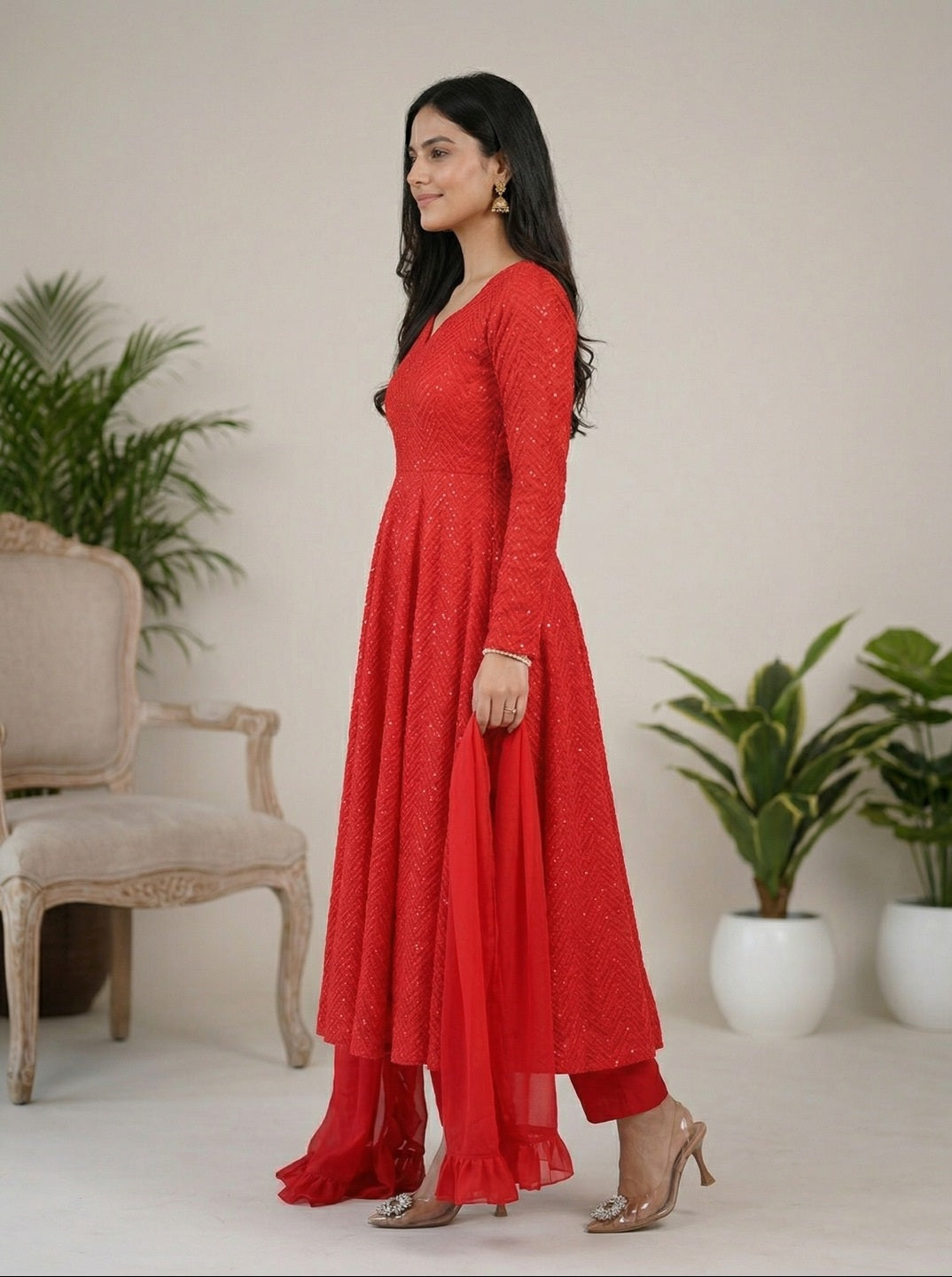 Georgette Anarkali Suit Set with Dupatta | Designer Lucknowi Embroidered Ethnic Wear
