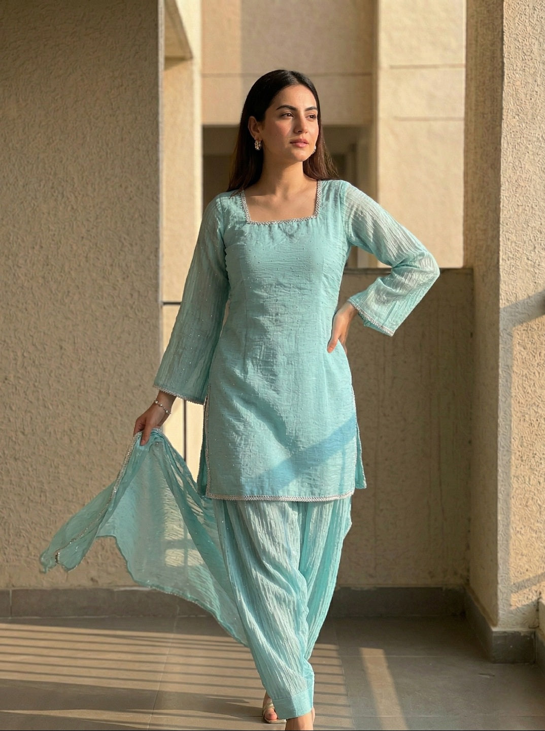 Women Crunchy Silk Kurta Set with Farshi Salwar & Dupatta | Sirovski Work Ethnic Suit