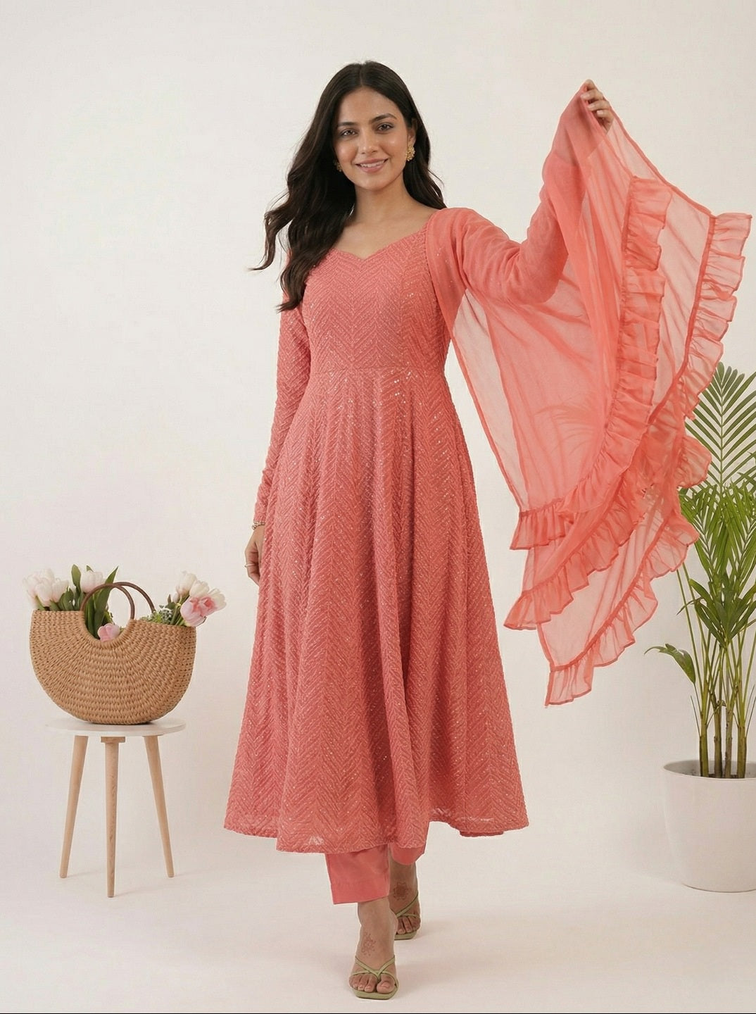 Georgette Anarkali Suit Set with Dupatta | Designer Lucknowi Embroidered Ethnic Wear