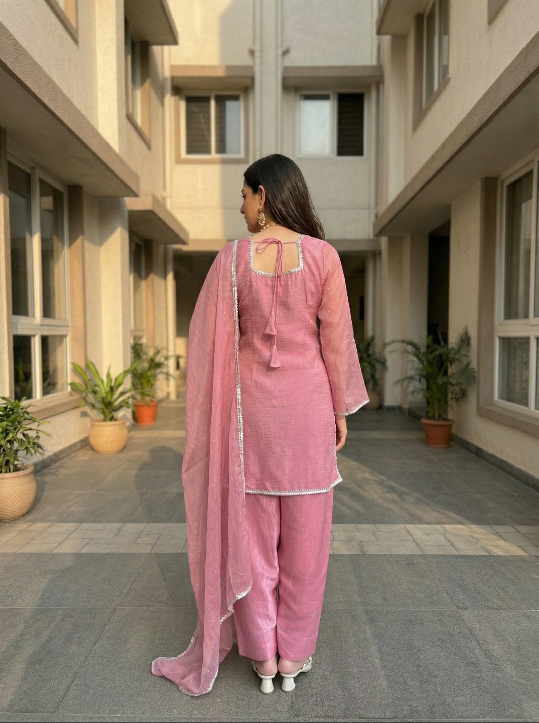 Women Crunchy Silk Kurta Set with Farshi Salwar & Dupatta | Sirovski Work Ethnic Suit