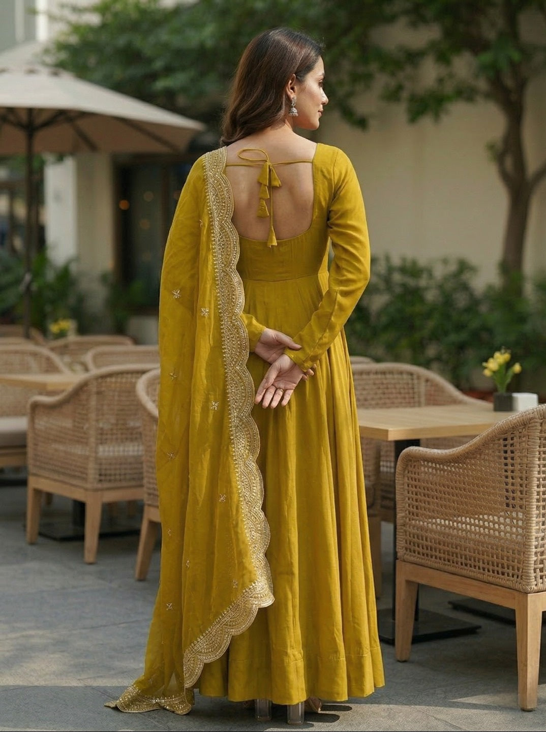 Roman Silk Chanderi Anarkali Kurta Set with Embroidered Dupatta & Pant | Fully Flared Festive Wear for Women