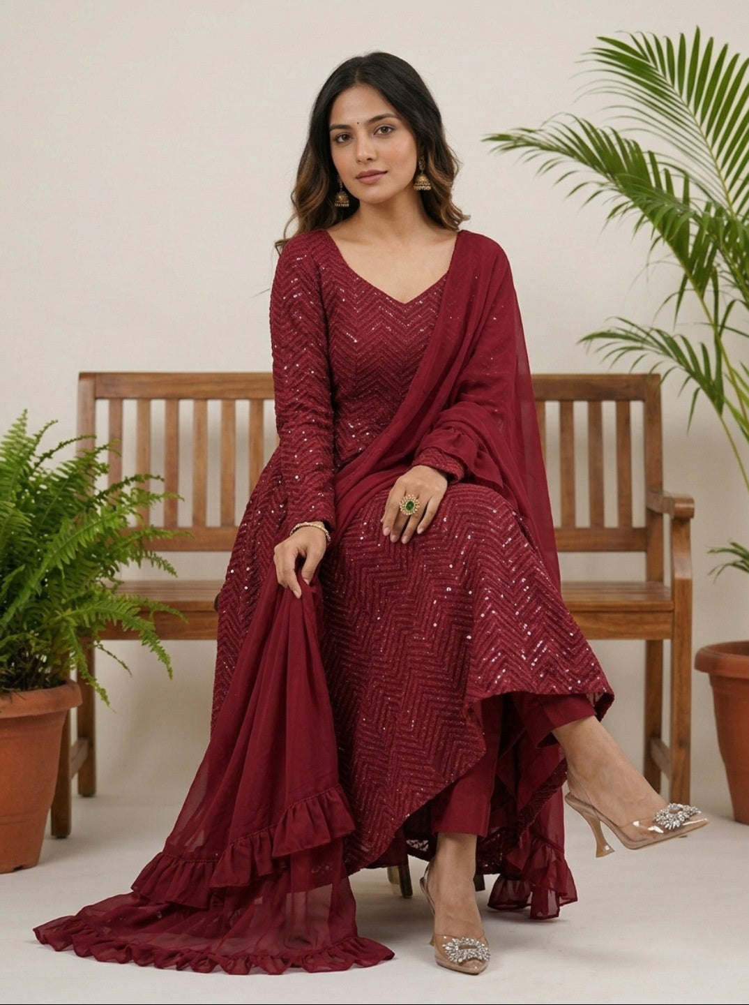 Georgette Anarkali Suit Set with Dupatta | Designer Lucknowi Embroidered Ethnic Wear