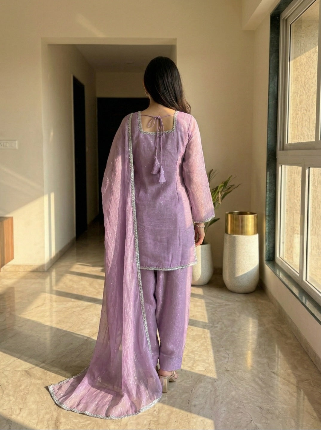 Women Crunchy Silk Kurta Set with Farshi Salwar & Dupatta | Sirovski Work Ethnic Suit