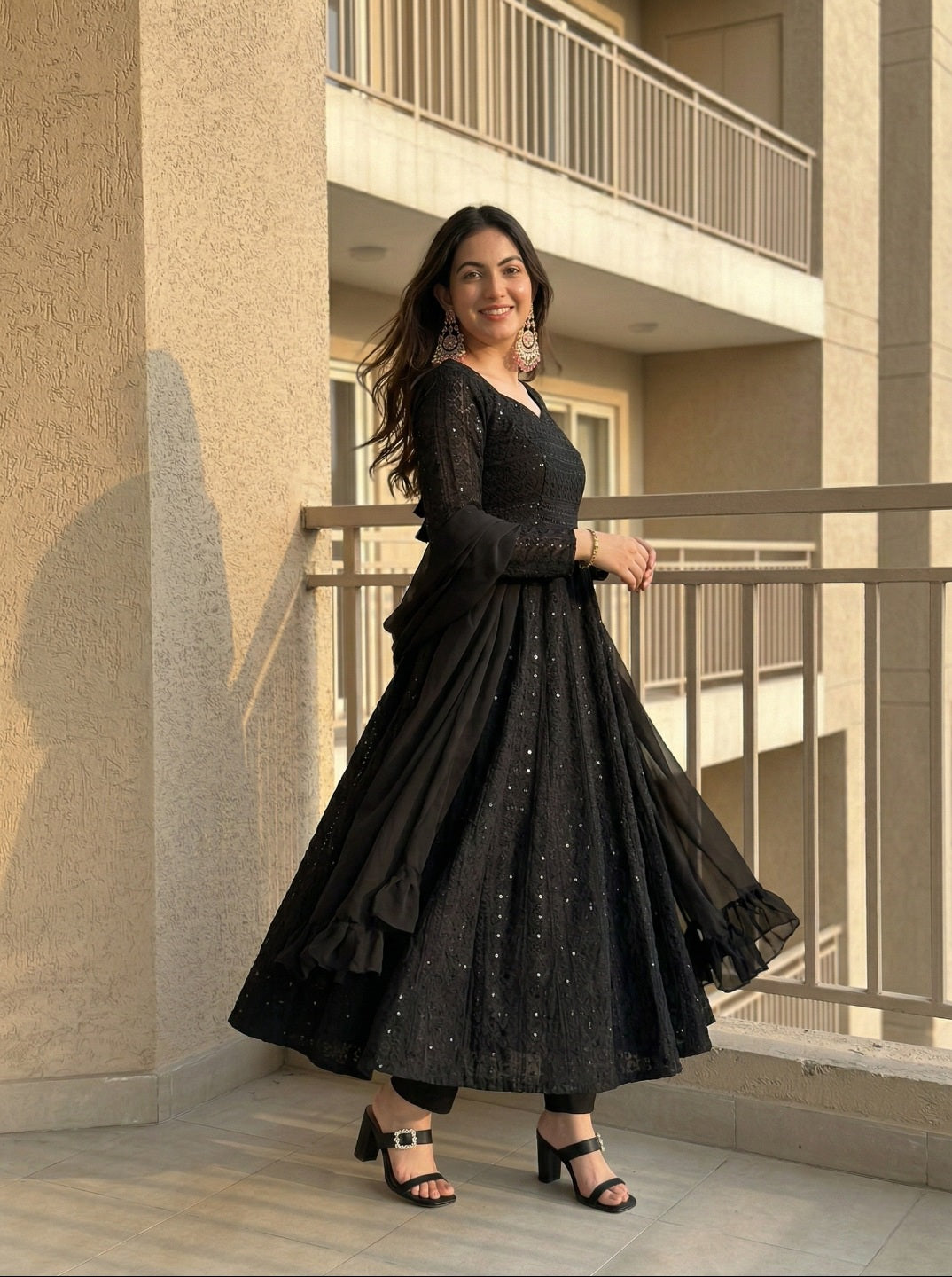 Lucknowi Georgette Anarkali Suit Set with Dupatta | Heavy Sequence Work Ethnic Wear for Women