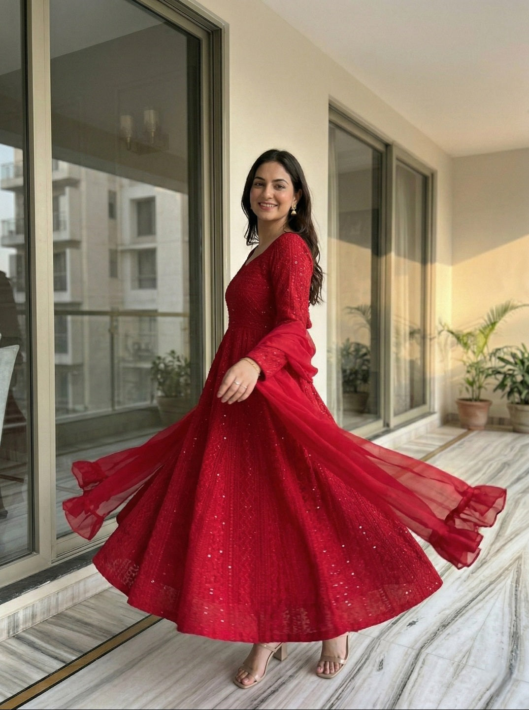 Lucknowi Georgette Anarkali Suit Set with Dupatta | Heavy Sequence Work Ethnic Wear for Women
