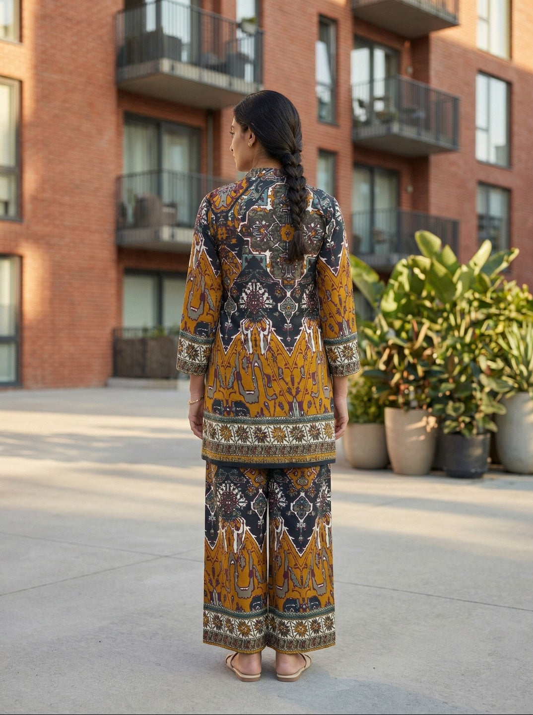 Abstract Printed Co-Ord Set with Mandarin Collar Top and Elasticated Trousers for Casual & Festive Wear