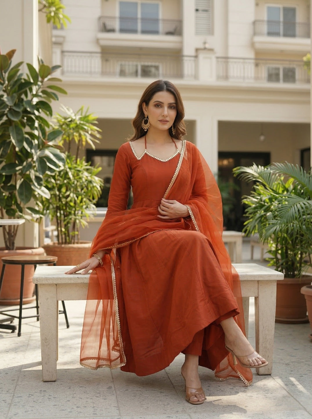 Chanderi Anarkali Kurta Set with Mirror Lace Dupatta | Elegant Ethnic Wear for Women