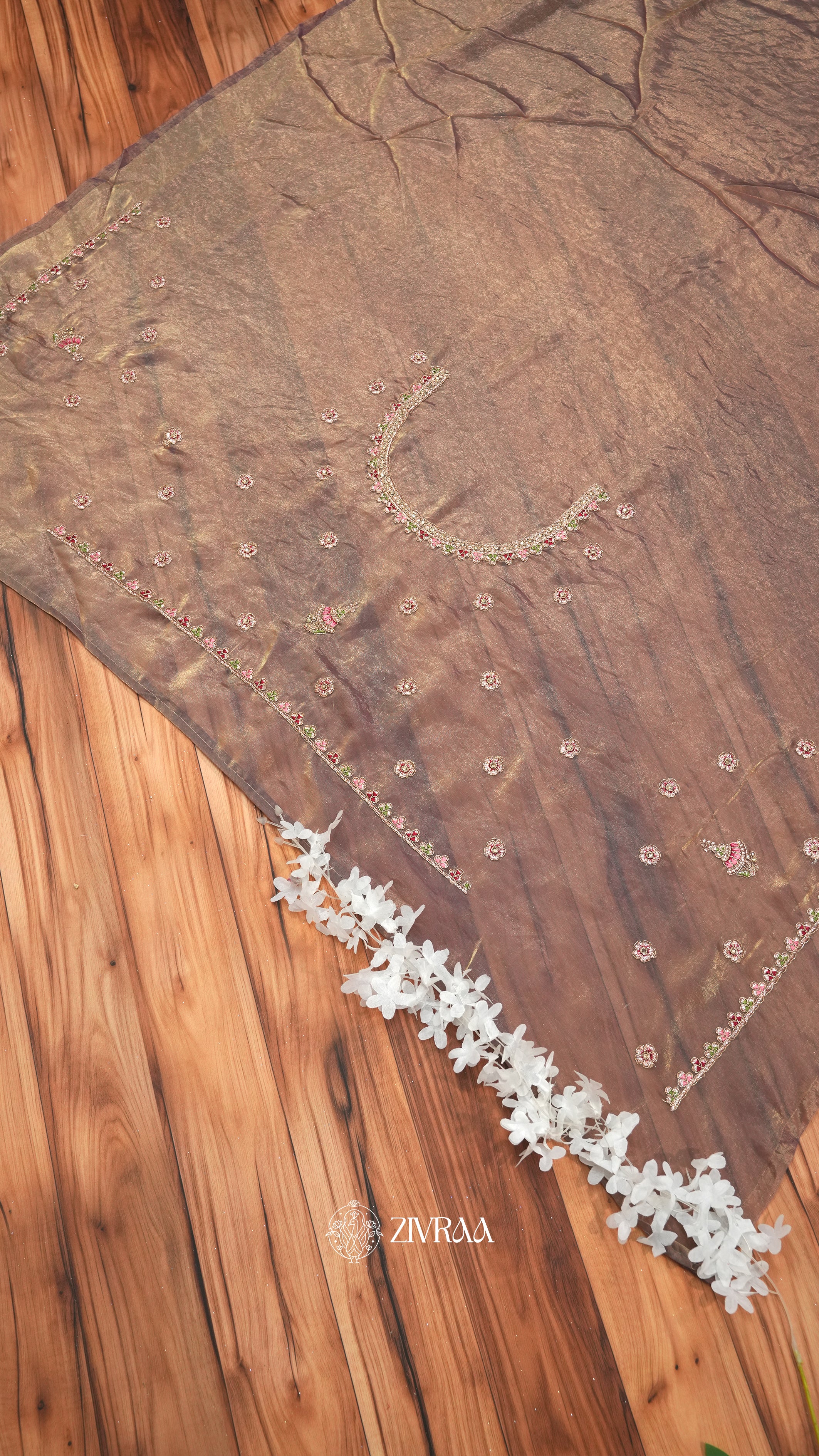 Elegant Lavender Grey Embroidered Organza Saree with Heavy Floral Zari Border