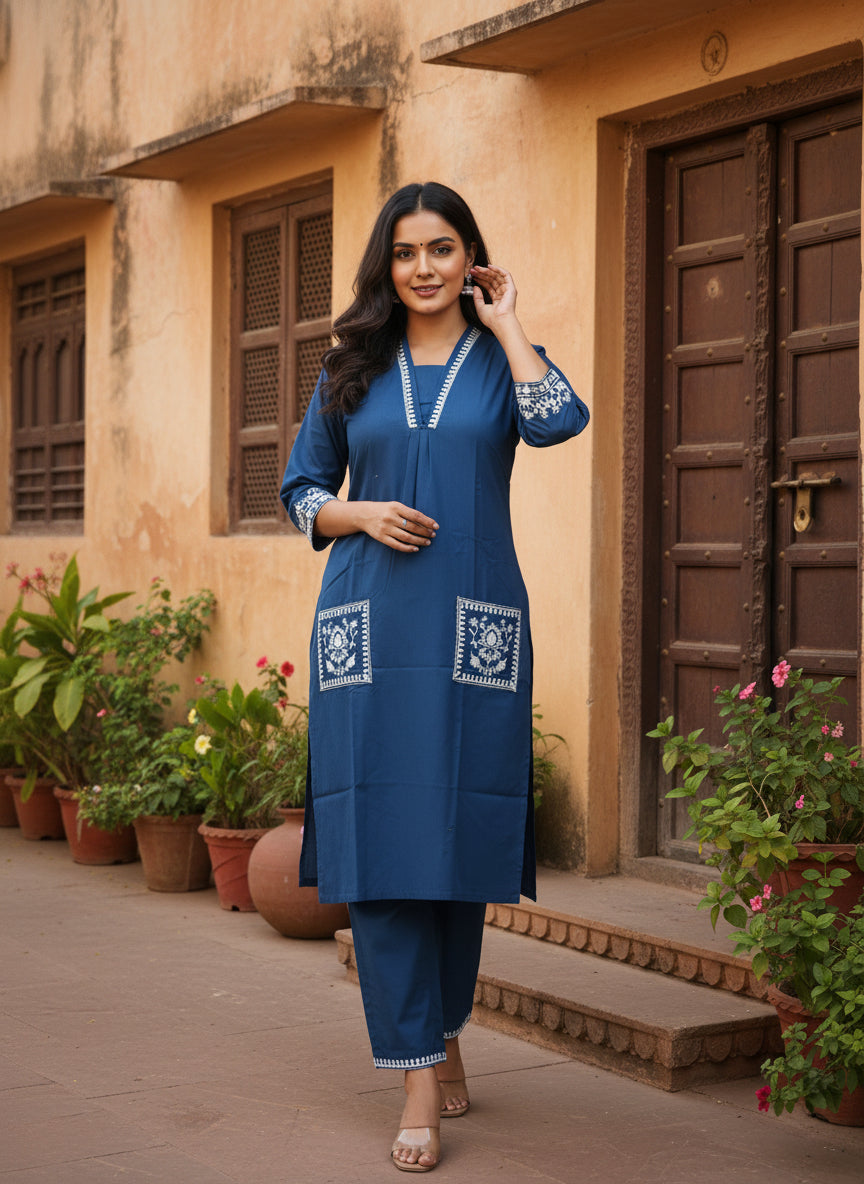 Elegant Navy Blue Cotton 2 Piece Kurta Set for Women with Embroidered Pocket Detail & Straight Pants | Casual, Office & Daily Wear Ethnic Set