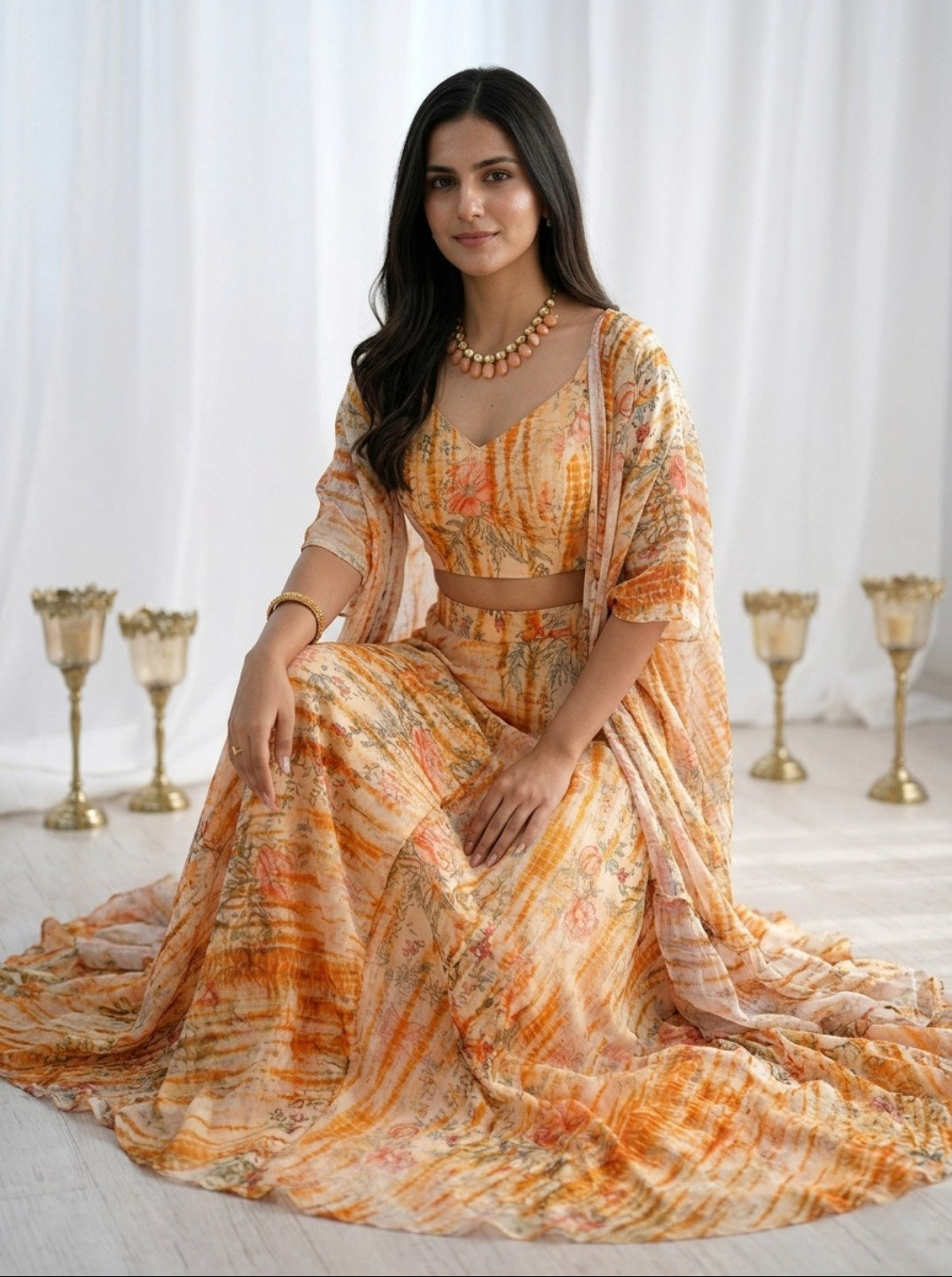 Yellow Floral Printed Georgette Indo Western Co-Ord Set with Shrug | Crop Top Palazzo Set for Women