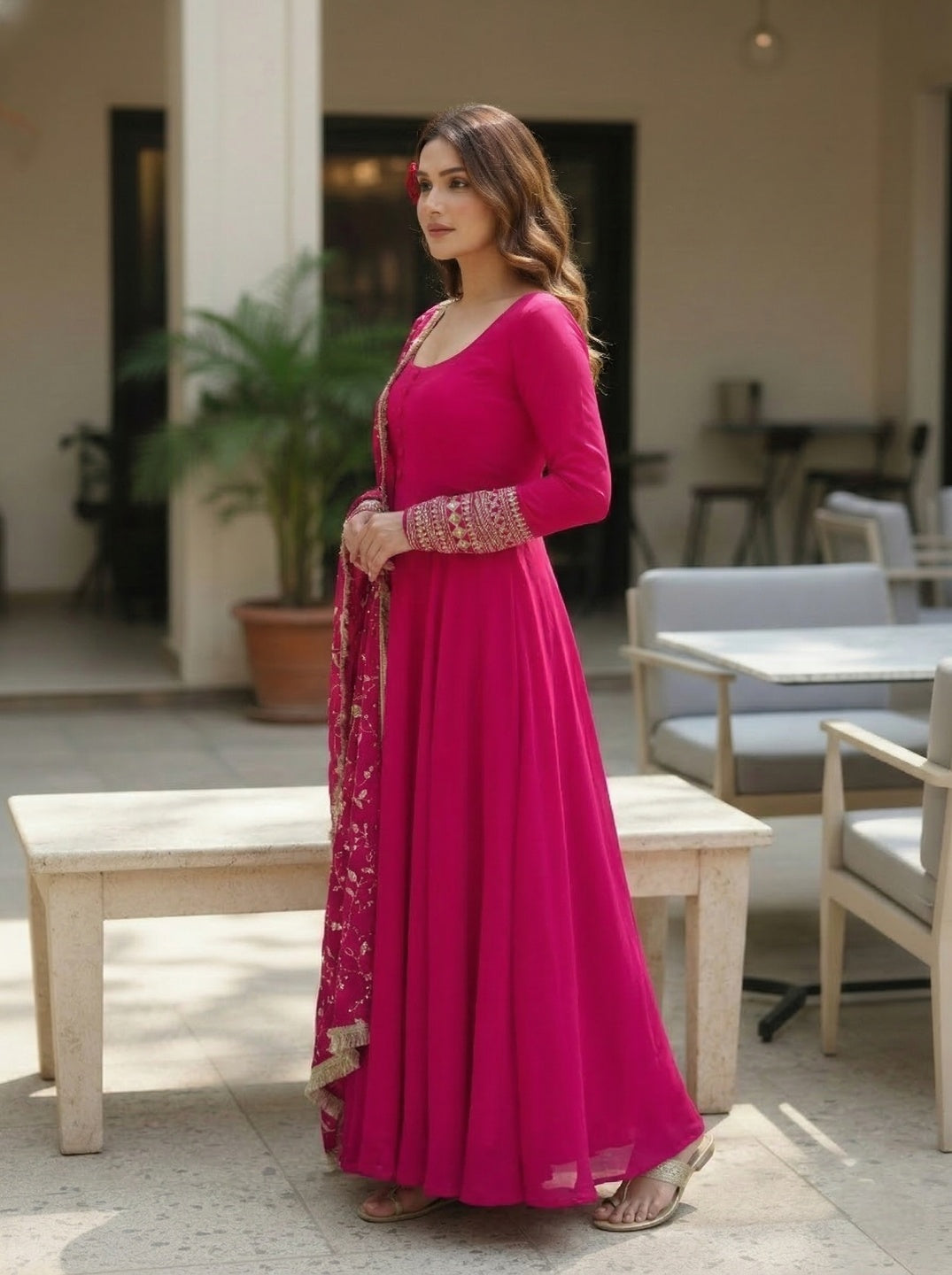 Georgette Anarkali Gown Set with Embroidered Dupatta & Pant – Festive Wear | Fully Stitched