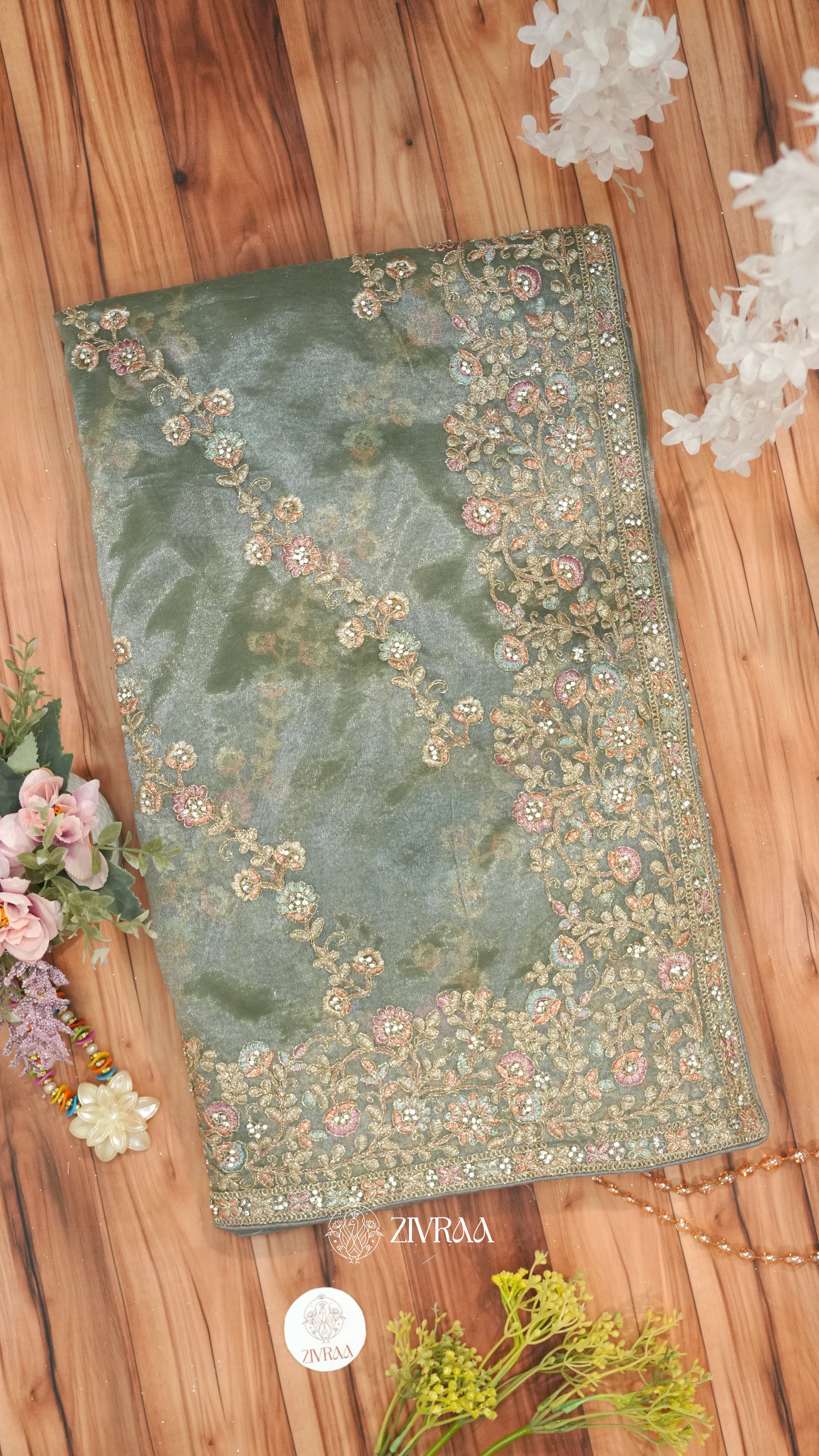 Sage Green Shimmer net Saree with Floral Embroidery & Heavy Designer Border