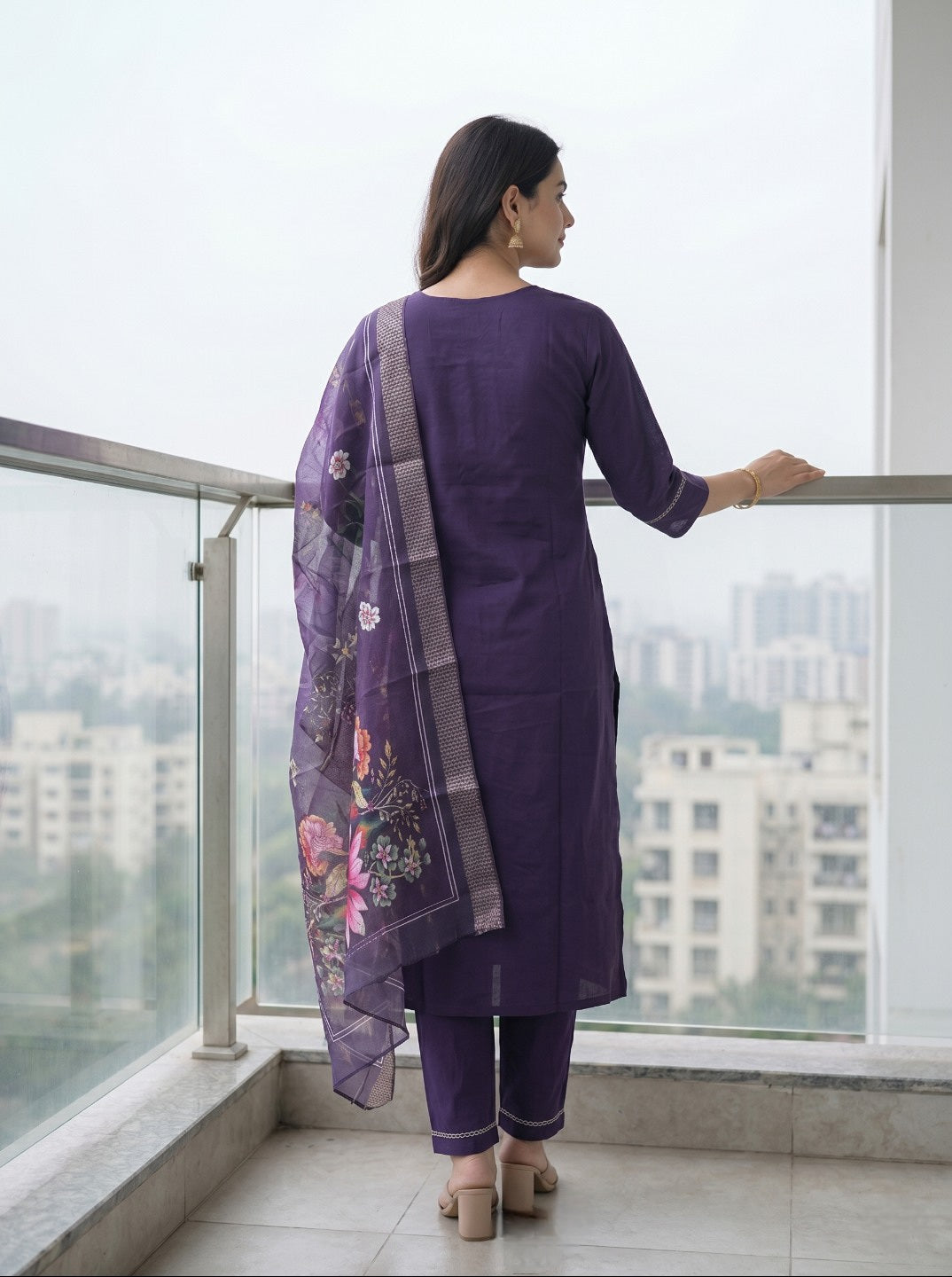 Purple Roman Silk Embroidered Kurta Set with Organza Chanderi Dupatta | Elegant Ethnic 3 Piece Suit Set for Women