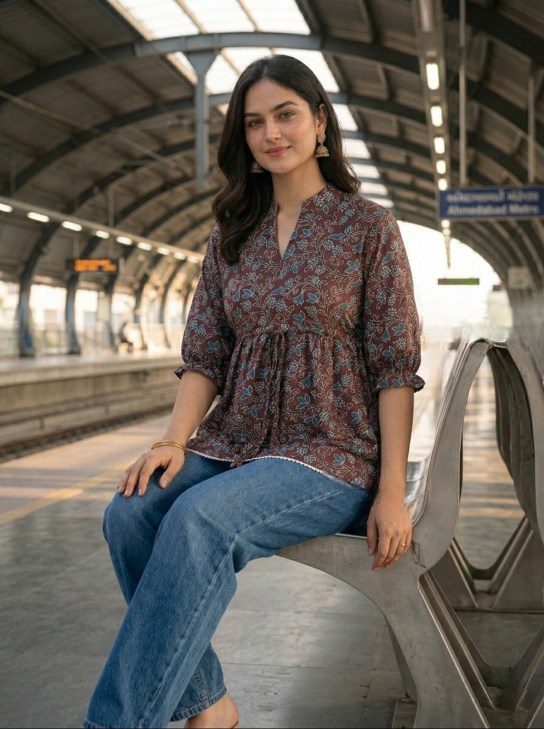 Women’s Floral Printed Casual Top with 3/4 Sleeves – Stylish Ethnic Office & Daily Wear Top (1 Piece Only)