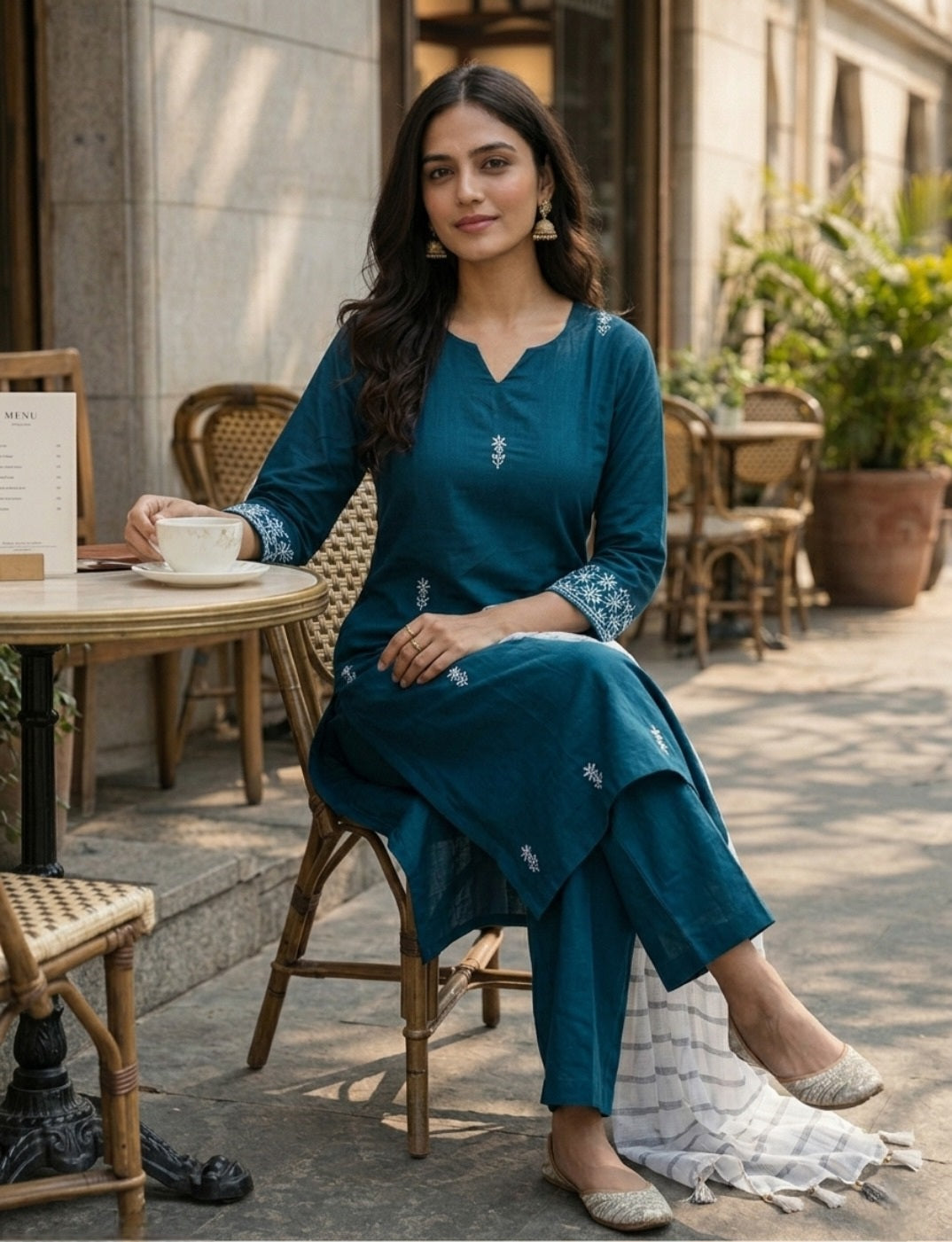Women’s Teal Embroidered Kurta with Palazzos & Dupatta – Elegant Ethnic Suit Set