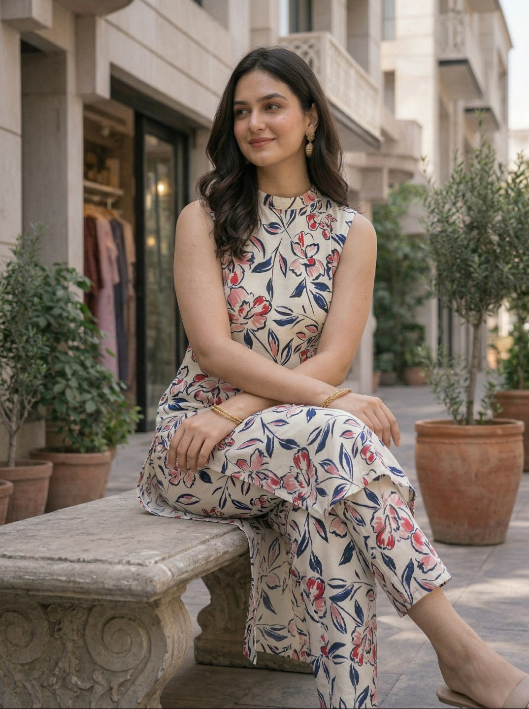 Women Floral Printed 2 Kurta Set with Pants | Sleeveless Straight Kurti Set | Casual Summer Ethnic Wear for Women