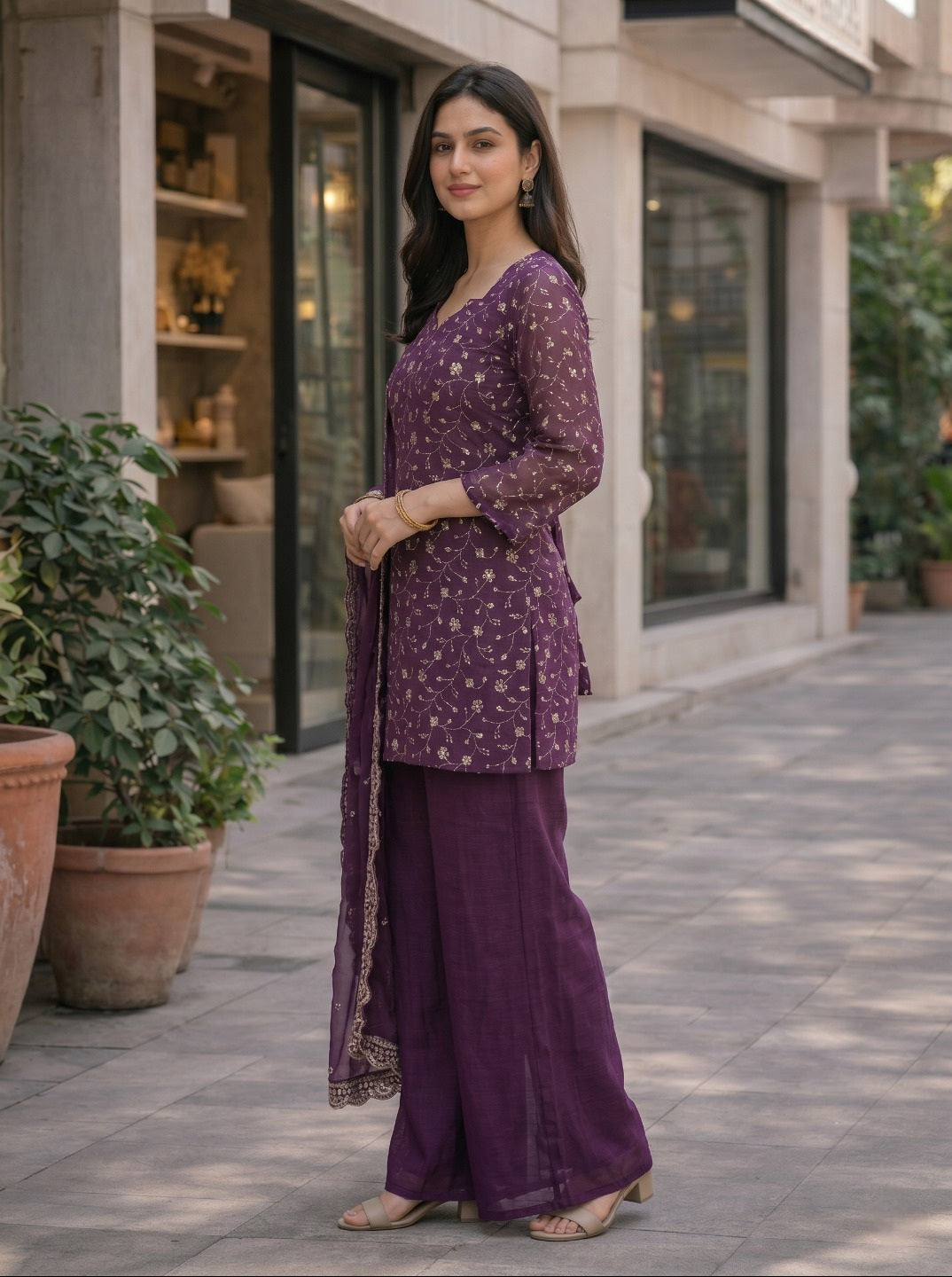 Purple Embroidered Crunchy Silk Kurta Set with Dupatta | Elegant Festive & Wedding Wear for Women