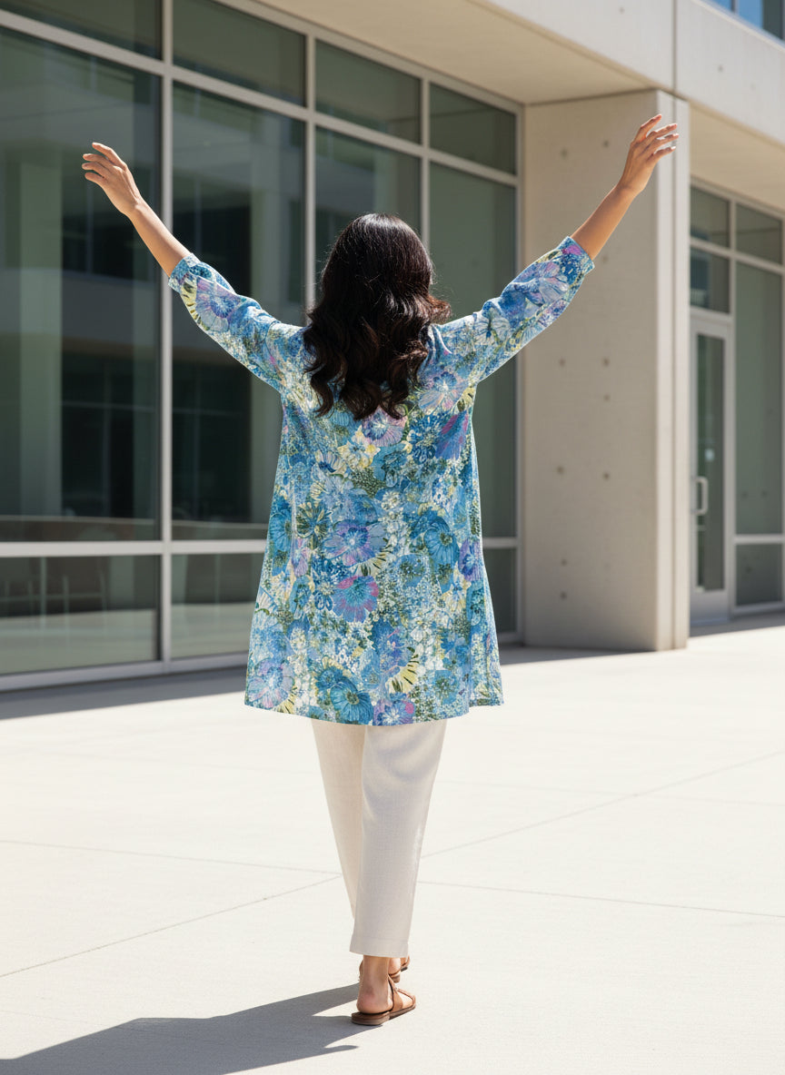 Women Blue Floral Printed Cotton Kurti | 3/4th Sleeve Straight Fit Ethnic Kurta for Daily Wear, Office Wear & Summer Casual Outfit (1 Piece)