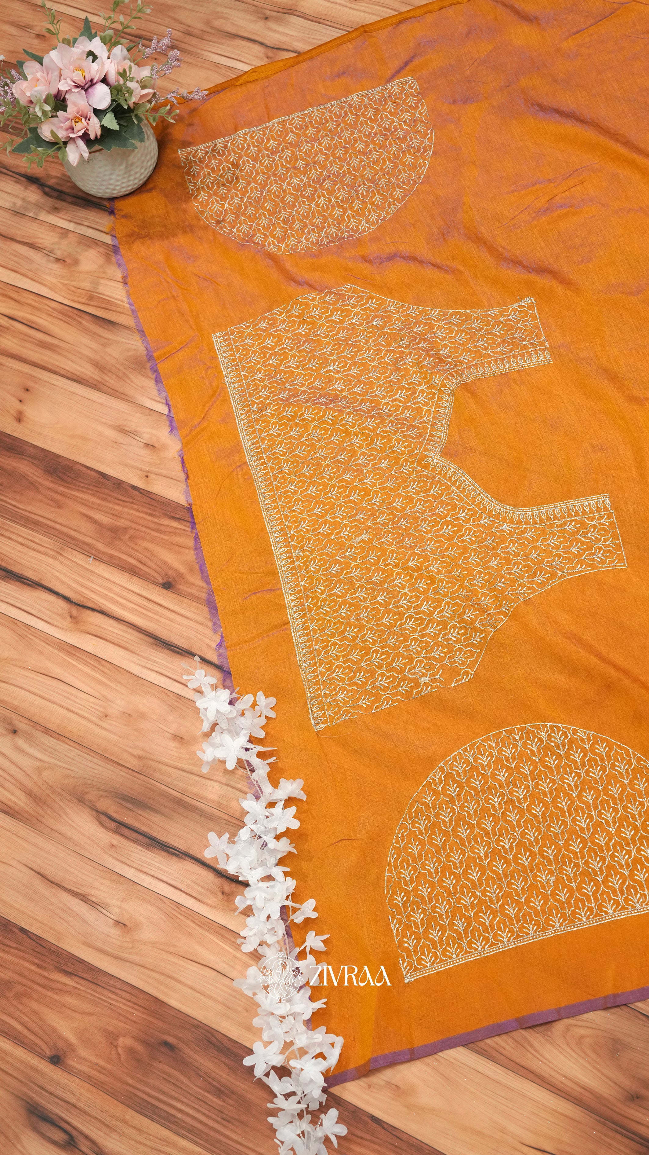 Mustard Orange Embroidered Saree with Silver Zari Border – Elegant Festive Wear Saree