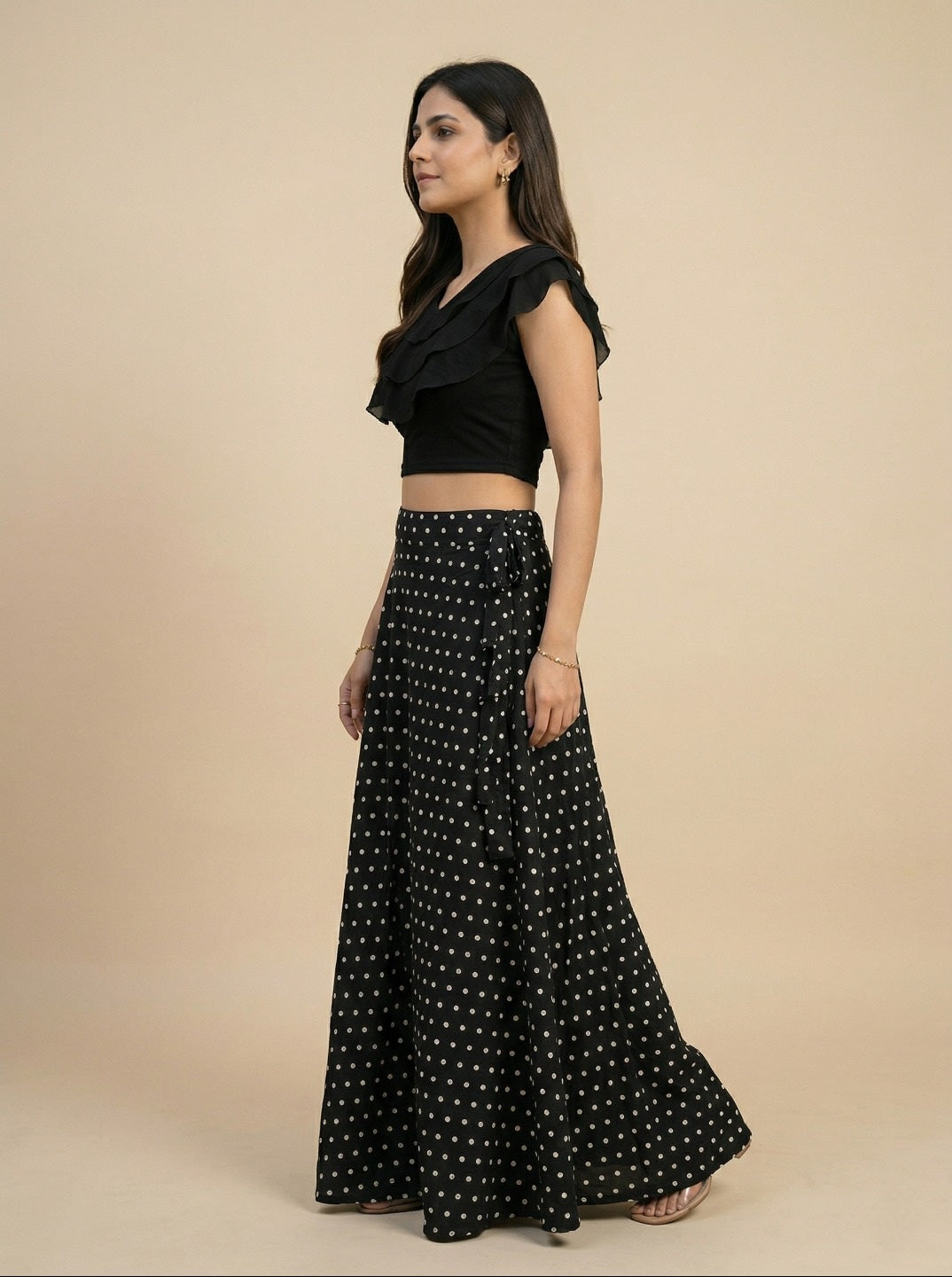 Black Crop Top & Skirt Set for Women | Lycra Crop Top with American Crepe Skirt Party Wear Co-Ord Set