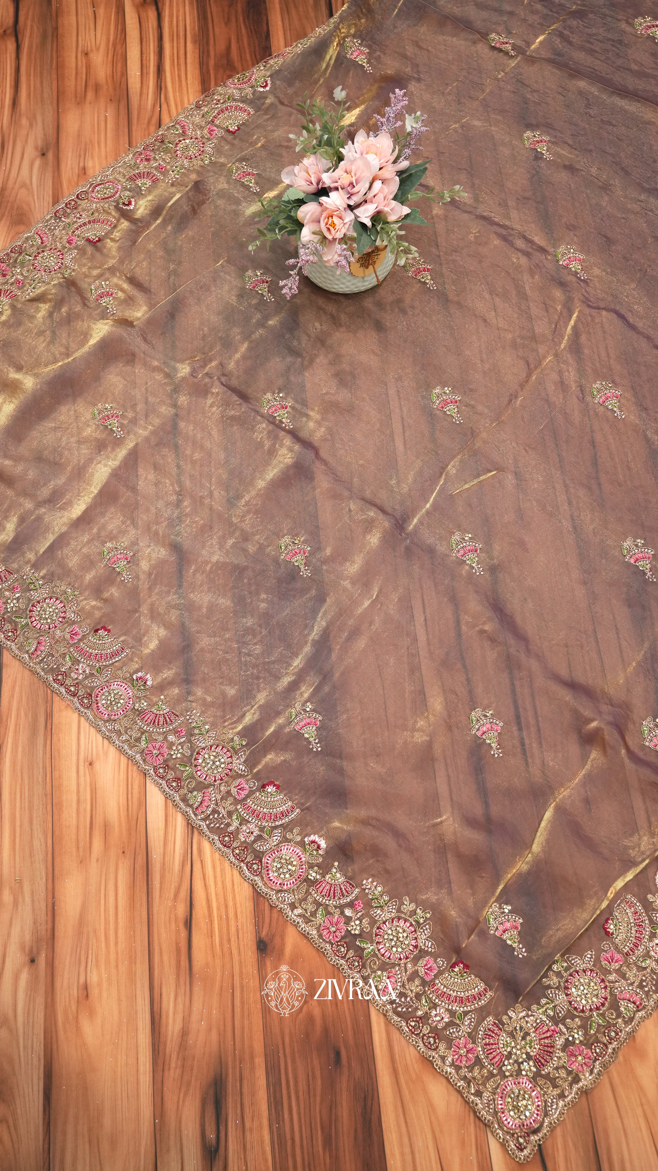 Elegant Lavender Grey Embroidered Organza Saree with Heavy Floral Zari Border