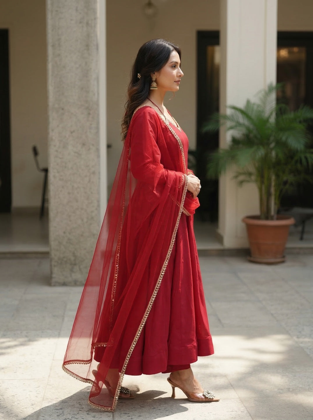 Anarkali Kurta Set with Net Dupatta | Roman Silk Chanderi Festive Wear for Women