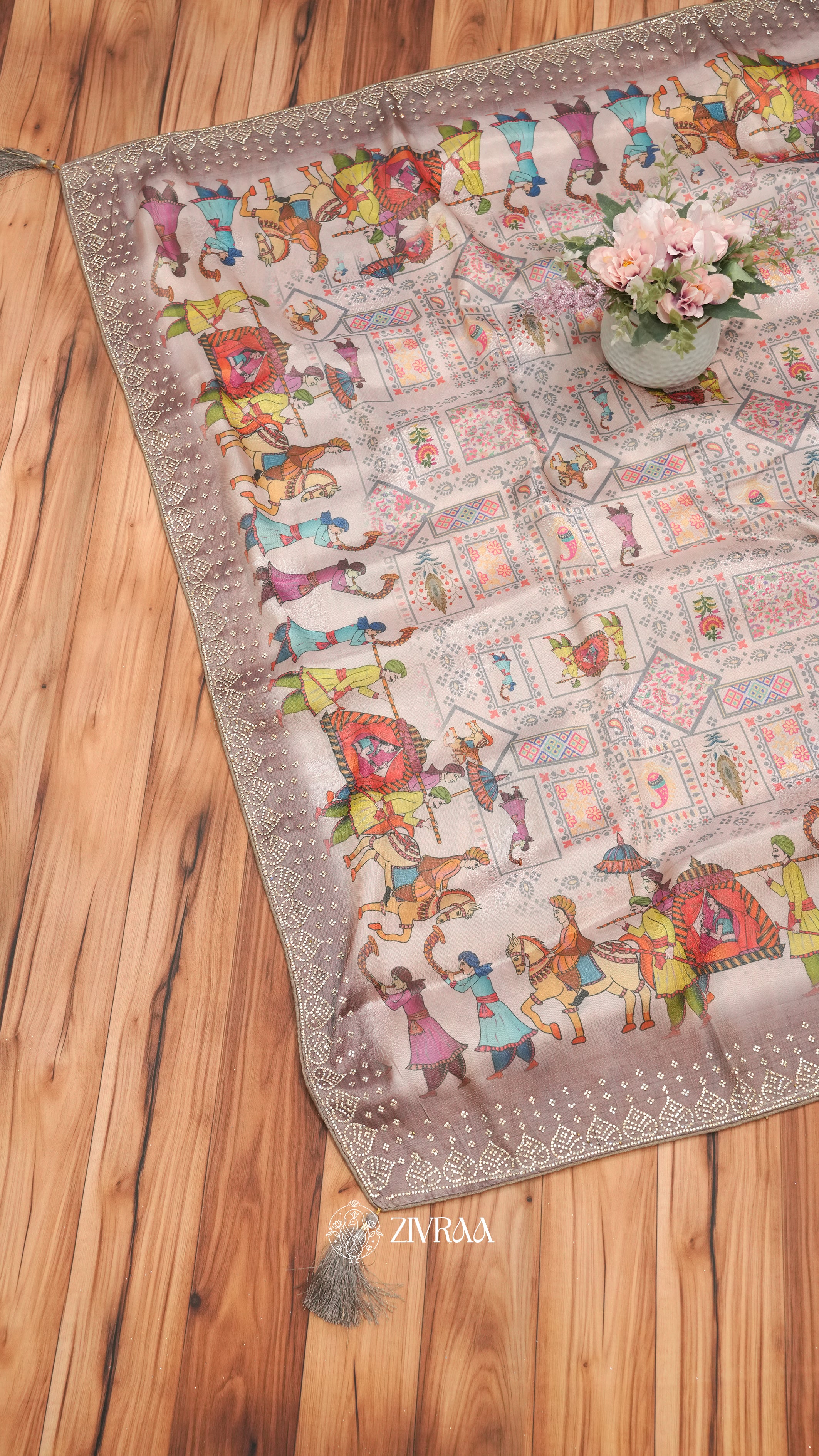 Lovender Folk Art Printed Saree with Traditional Rajasthani Motif & Zari Border