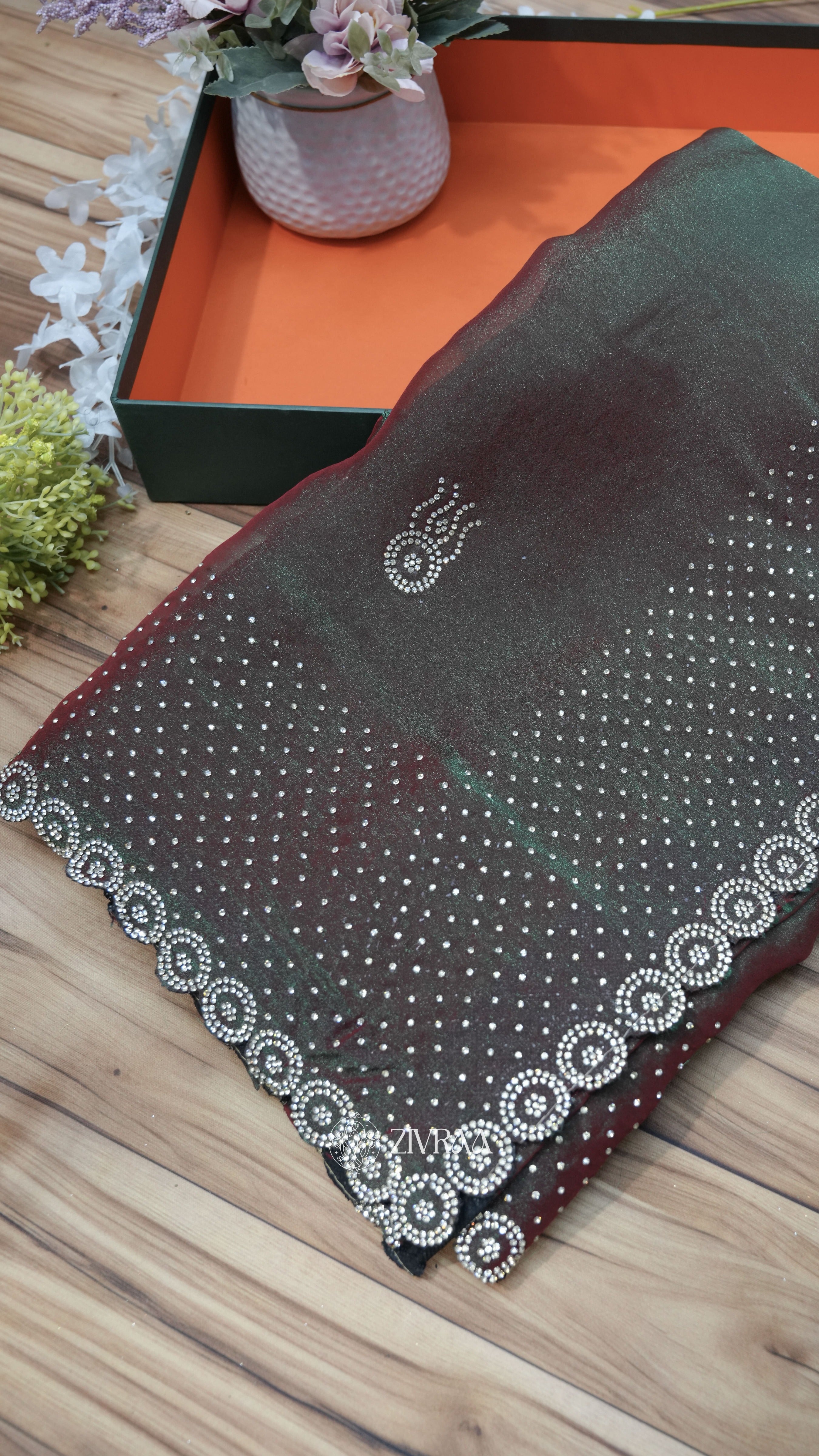 Elegant Copper shade Shimmer Saree with Crystal Stone Work Border