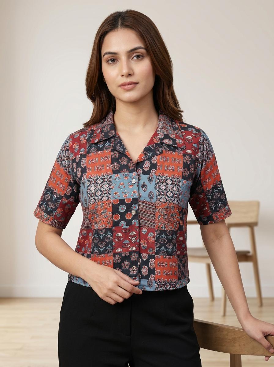 Women’s Multicolor Patchwork Printed Kurti – Short Sleeve Casual Ethnic Top