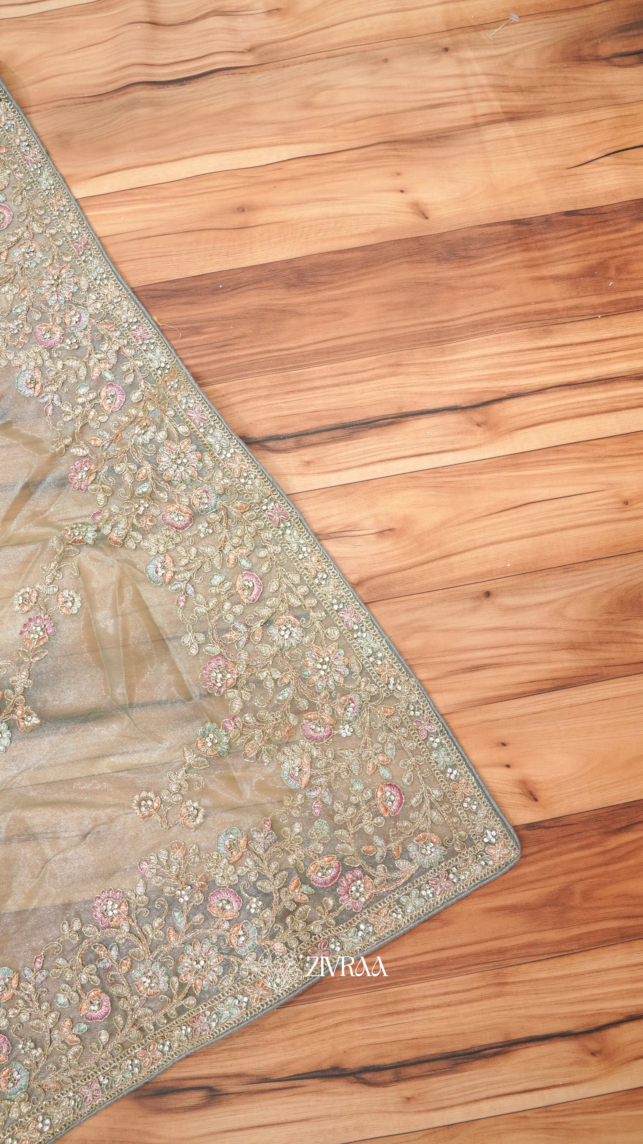 Sage Green Shimmer net Saree with Floral Embroidery & Heavy Designer Border