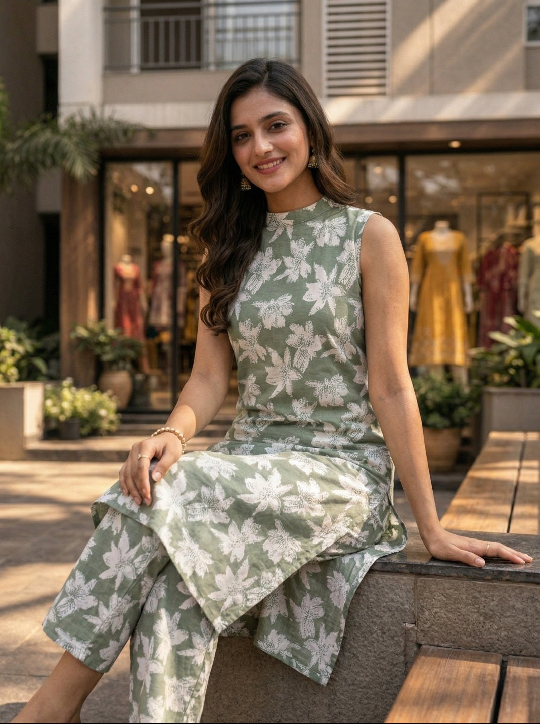 Women Floral Printed 2 Piece Kurta Set with Pants | Sleeveless Straight Kurti Set | Summer Ethnic Wear for Women