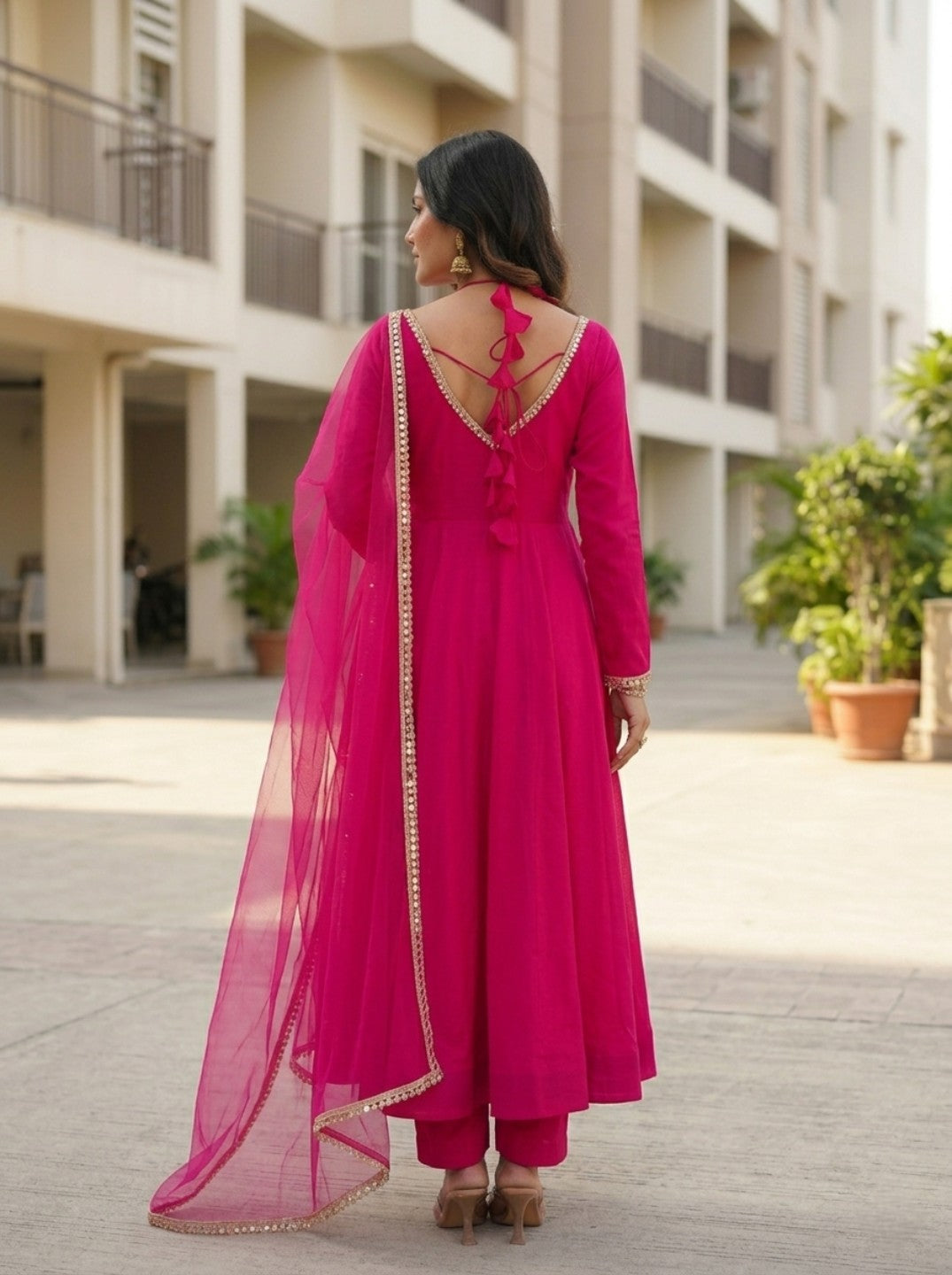 Anarkali Kurta Set with Net Dupatta | Roman Silk Chanderi Festive Wear for Women