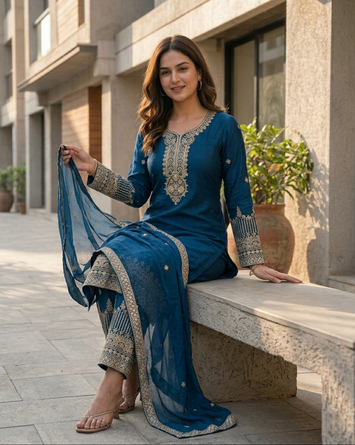 Blue Pure Chinon Silk Embroidered Straight Kurta Set with Dupatta & Trousers | Festive & Ethnic Wear for Women