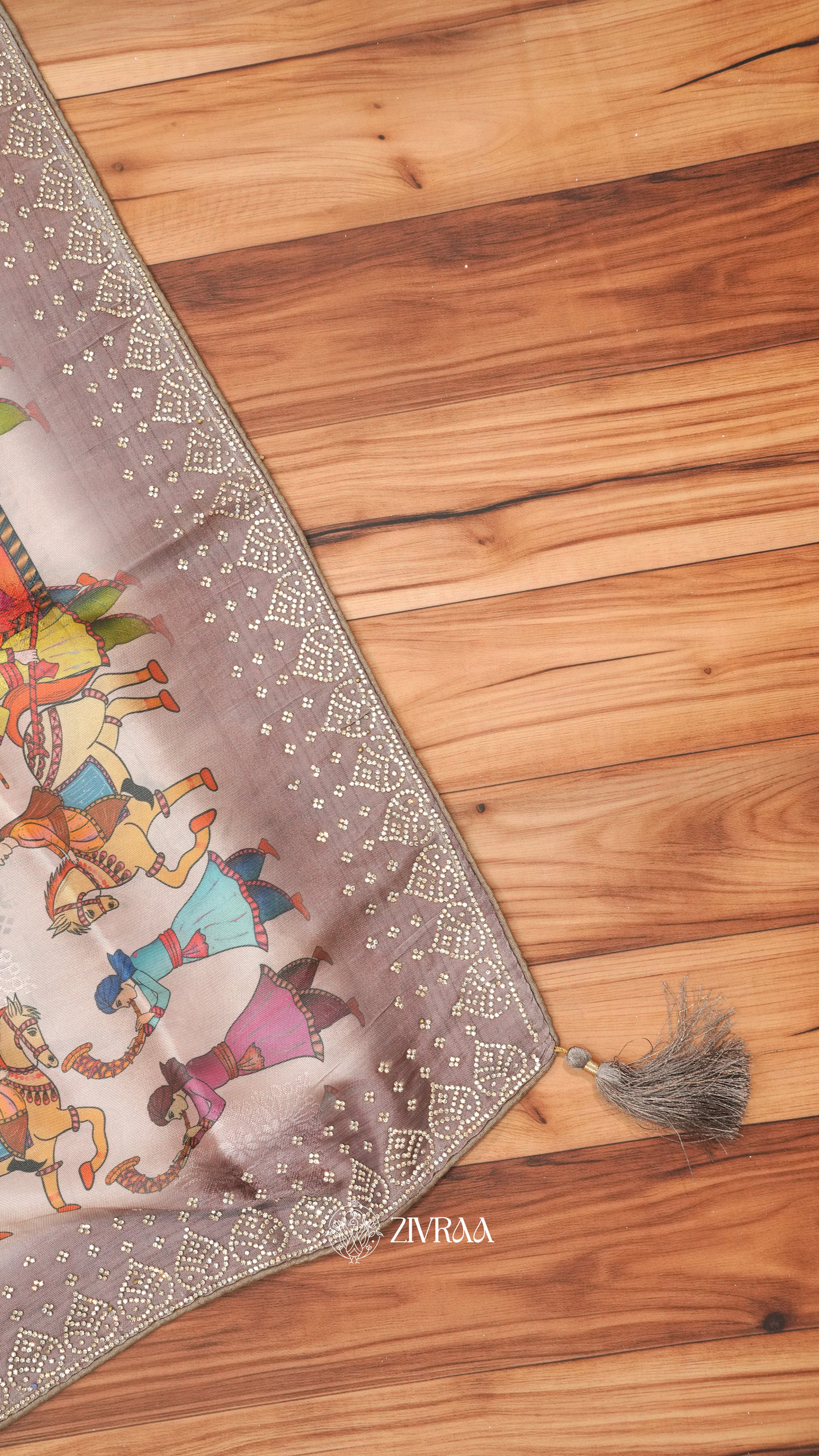 Lovender Folk Art Printed Saree with Traditional Rajasthani Motif & Zari Border