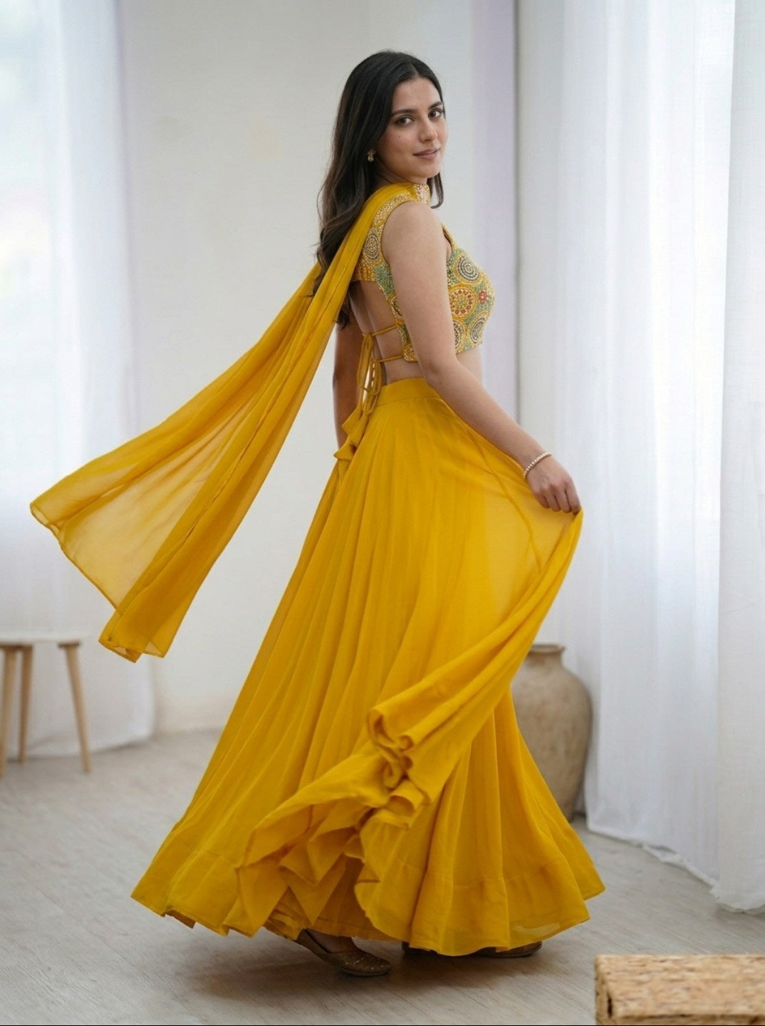 Georgette Lehenga Choli with Embroidered Blouse & Dupatta | Festive & Haldi Special Outfit