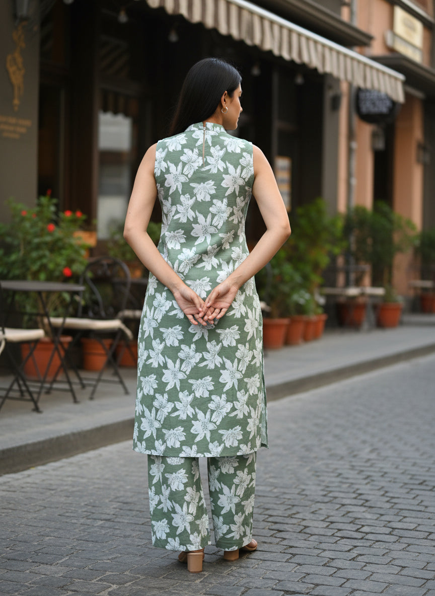 Women Olive Green Floral Printed 2 Piece Kurta Set with Pants | Sleeveless Straight Kurti Set | Summer Ethnic Wear for Women