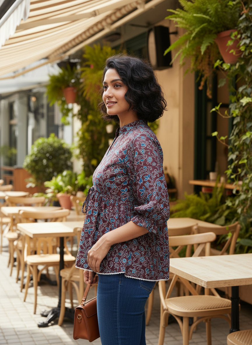 Women’s Maroon Floral Printed Casual Top with 3/4 Sleeves – Stylish Ethnic Office & Daily Wear Top (1 Piece Only)