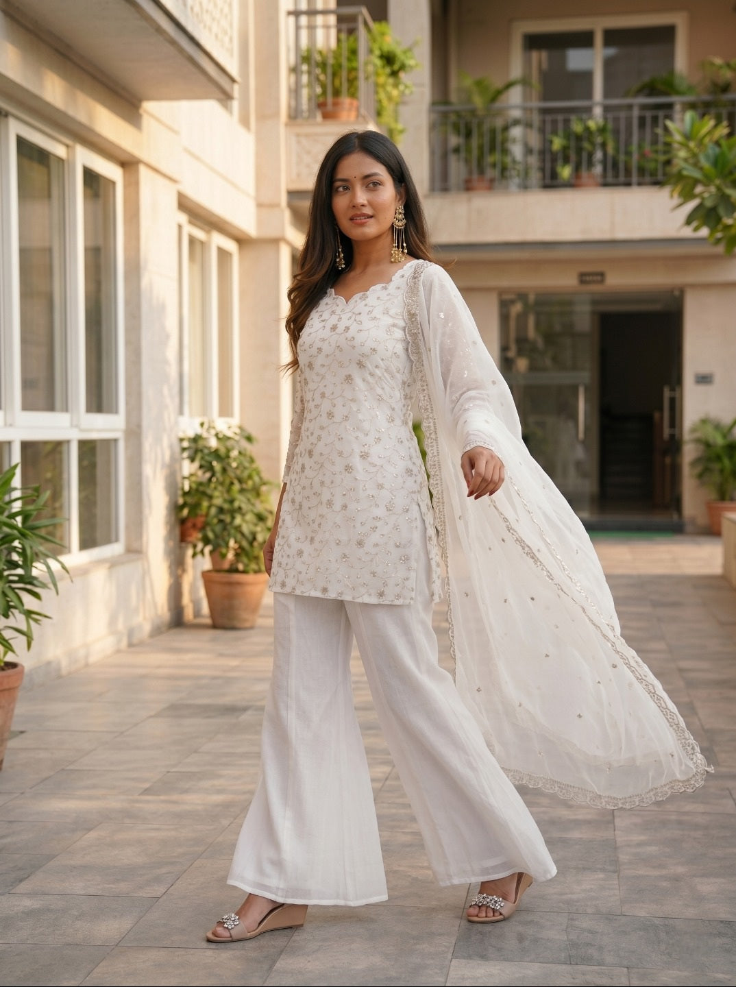 Elegant White Crunchy Silk Kurta Set with Dupatta | Ethnic Festive Wear for Women