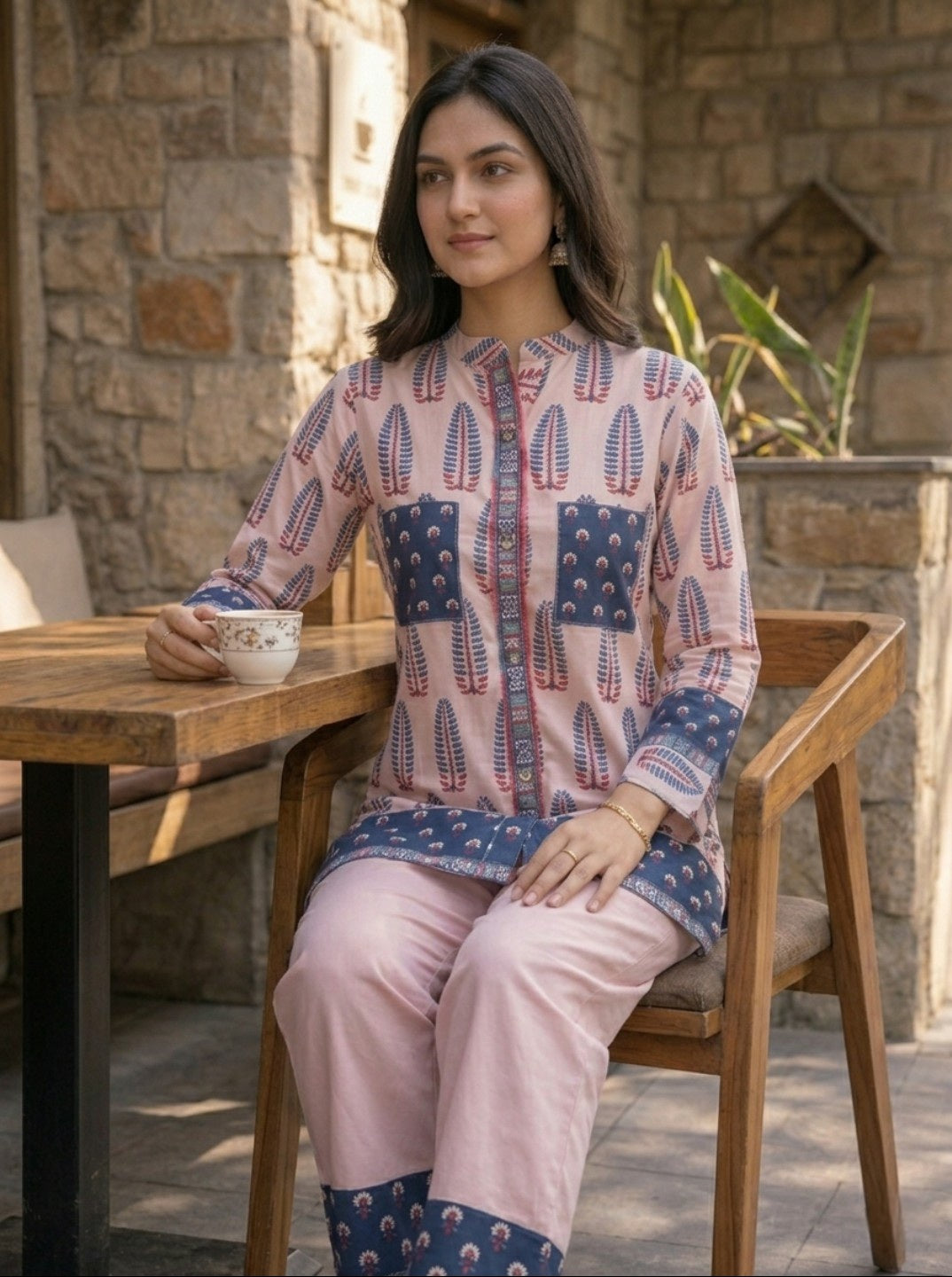 Peach Printed Rayon Slub Co-Ord Set for Women | Ethnic Casual Kurta & Pant Set | Straight Fit Stylish Co-Ord Set