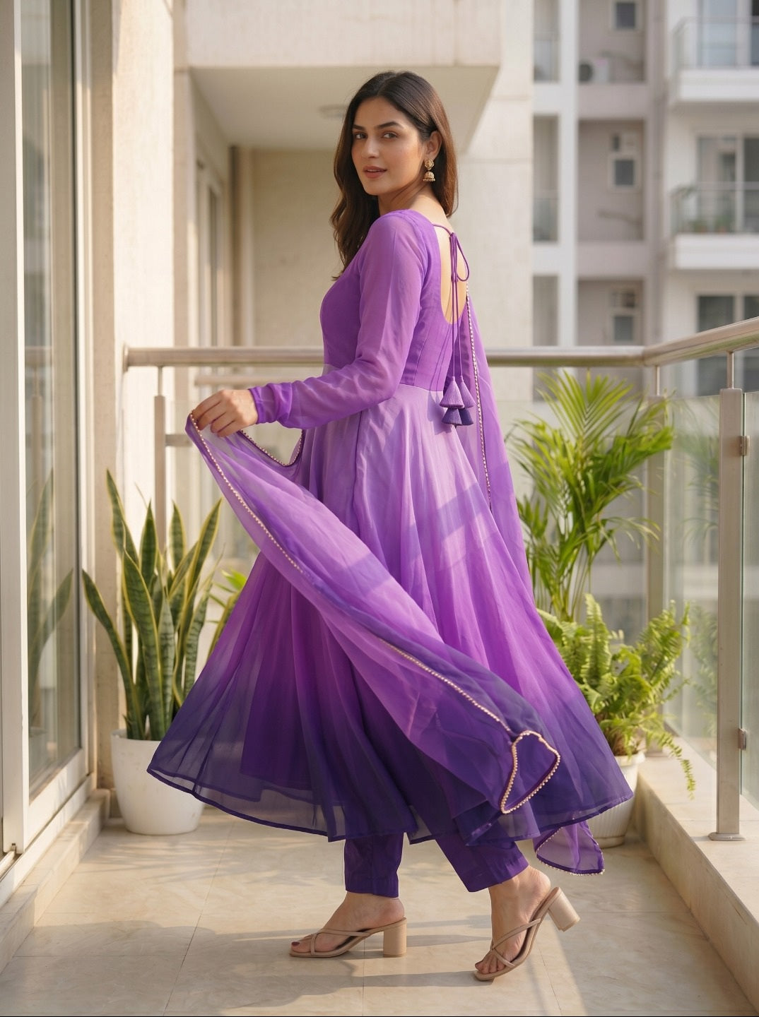Women Fox Georgette Fully Flared Anarkali Kurta Set with Dupatta & Pants